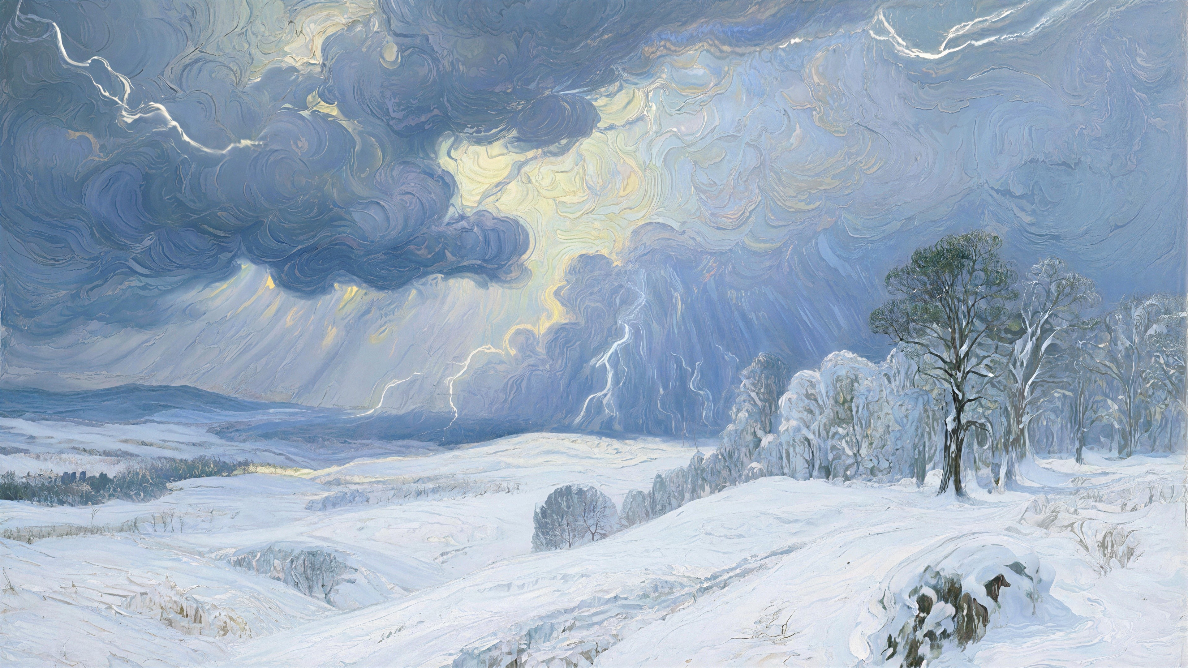 Dramatic Winter Landscape with Snow and Stormy Sky