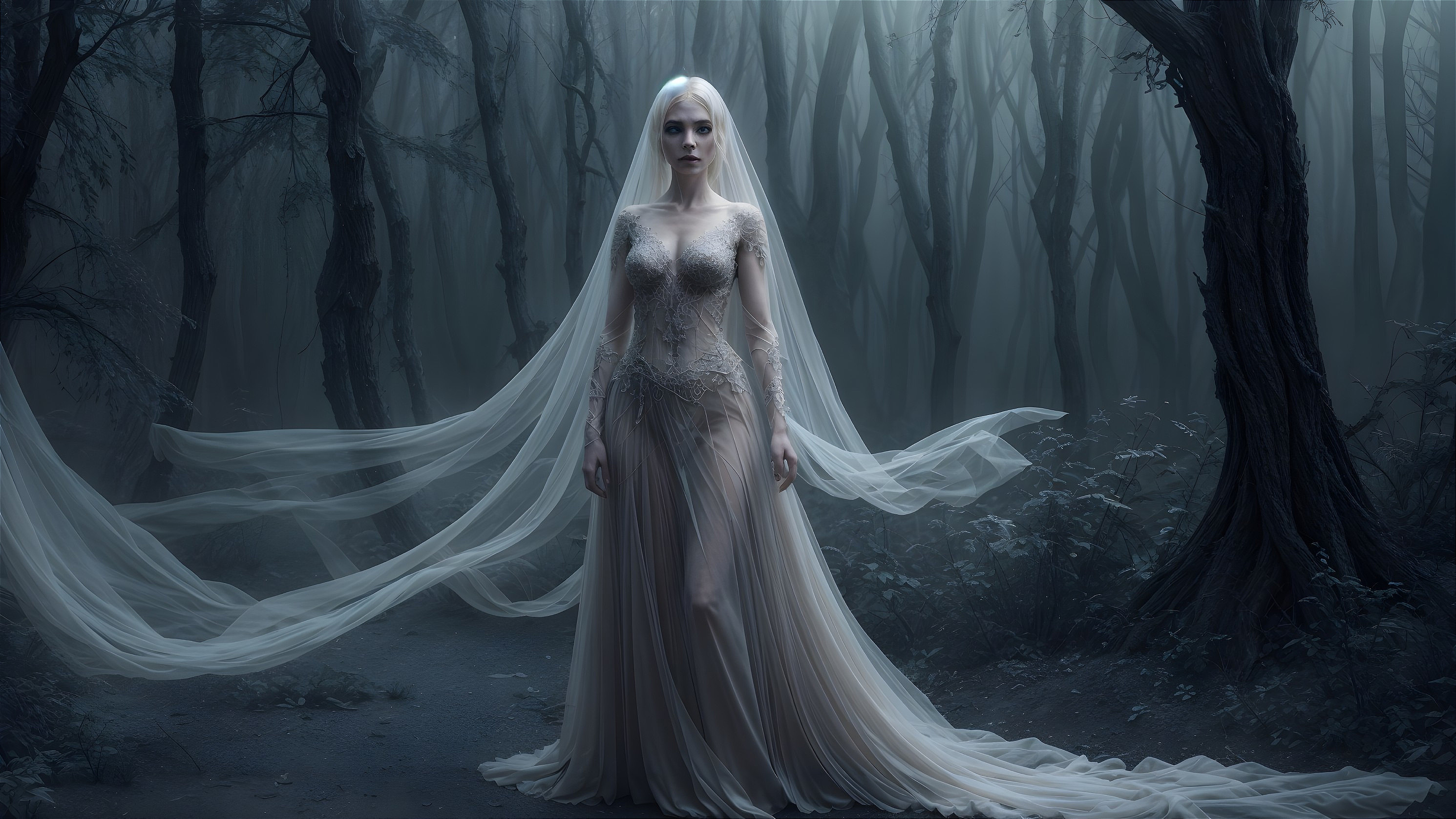 Ethereal Figure in Foggy Forest with Flowing Gown