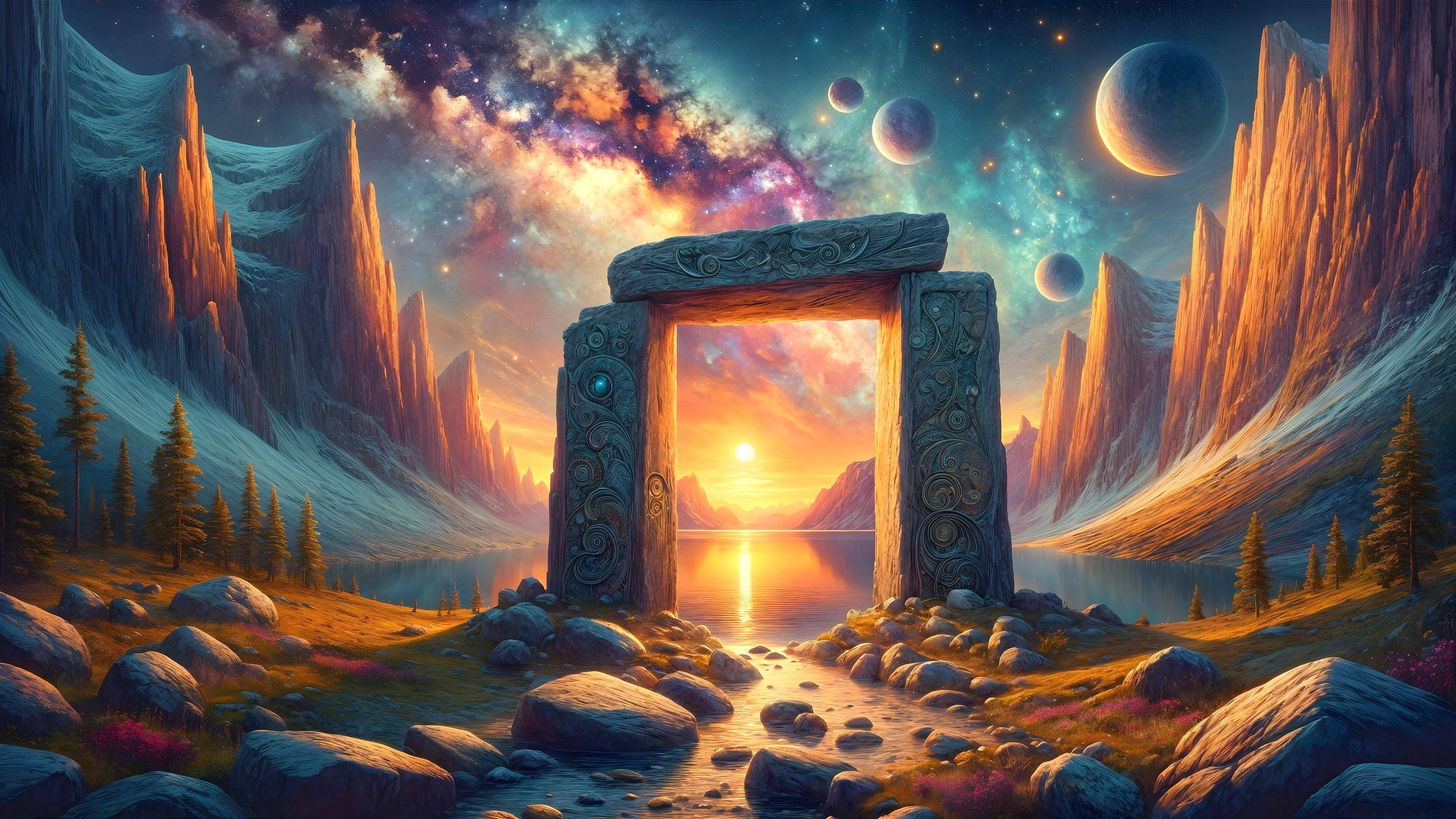 Mystical Stone Archway Overlooking Vibrant Sunset Lake