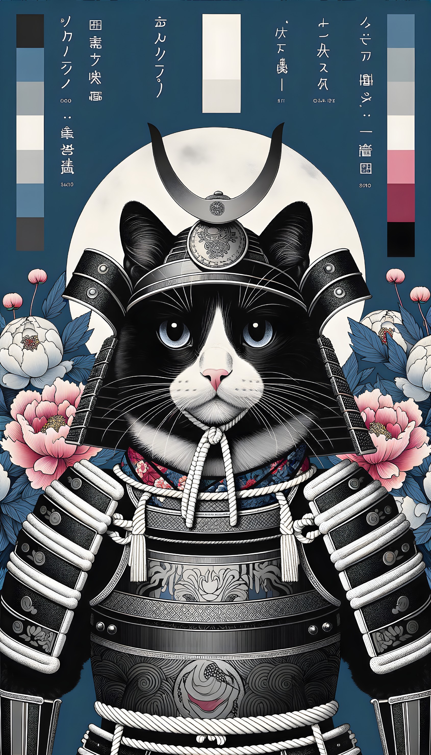 Feline Warrior in Samurai Armor with Peonies and Moonlight