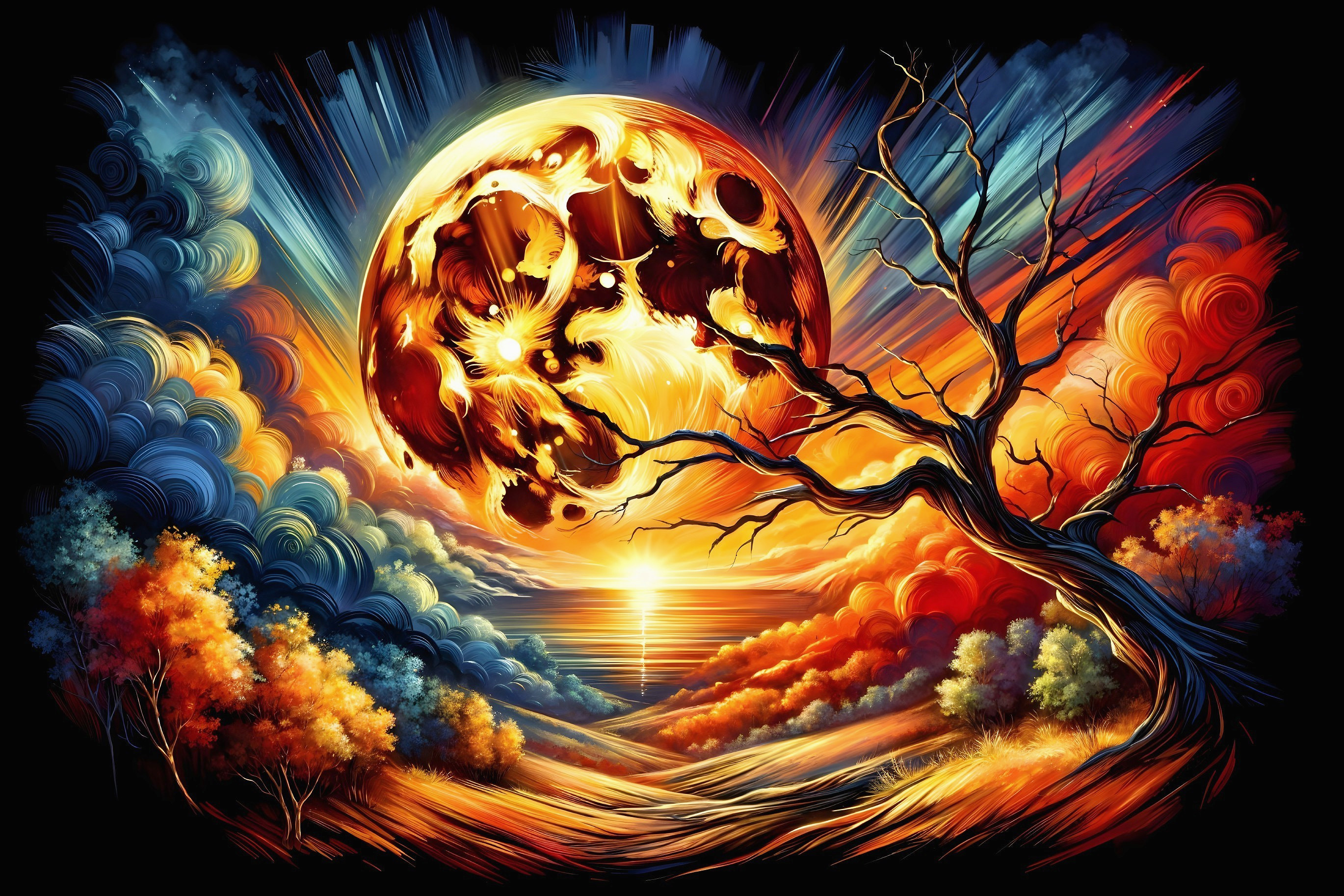 Dramatic Landscape with Fiery Moon and Silhouetted Tree