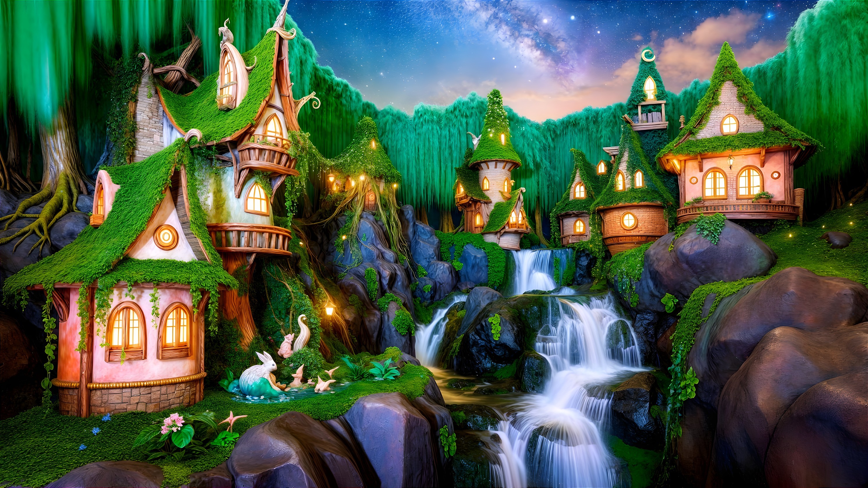 Whimsical Fairy-Tale Scene with Cottages and Waterfalls