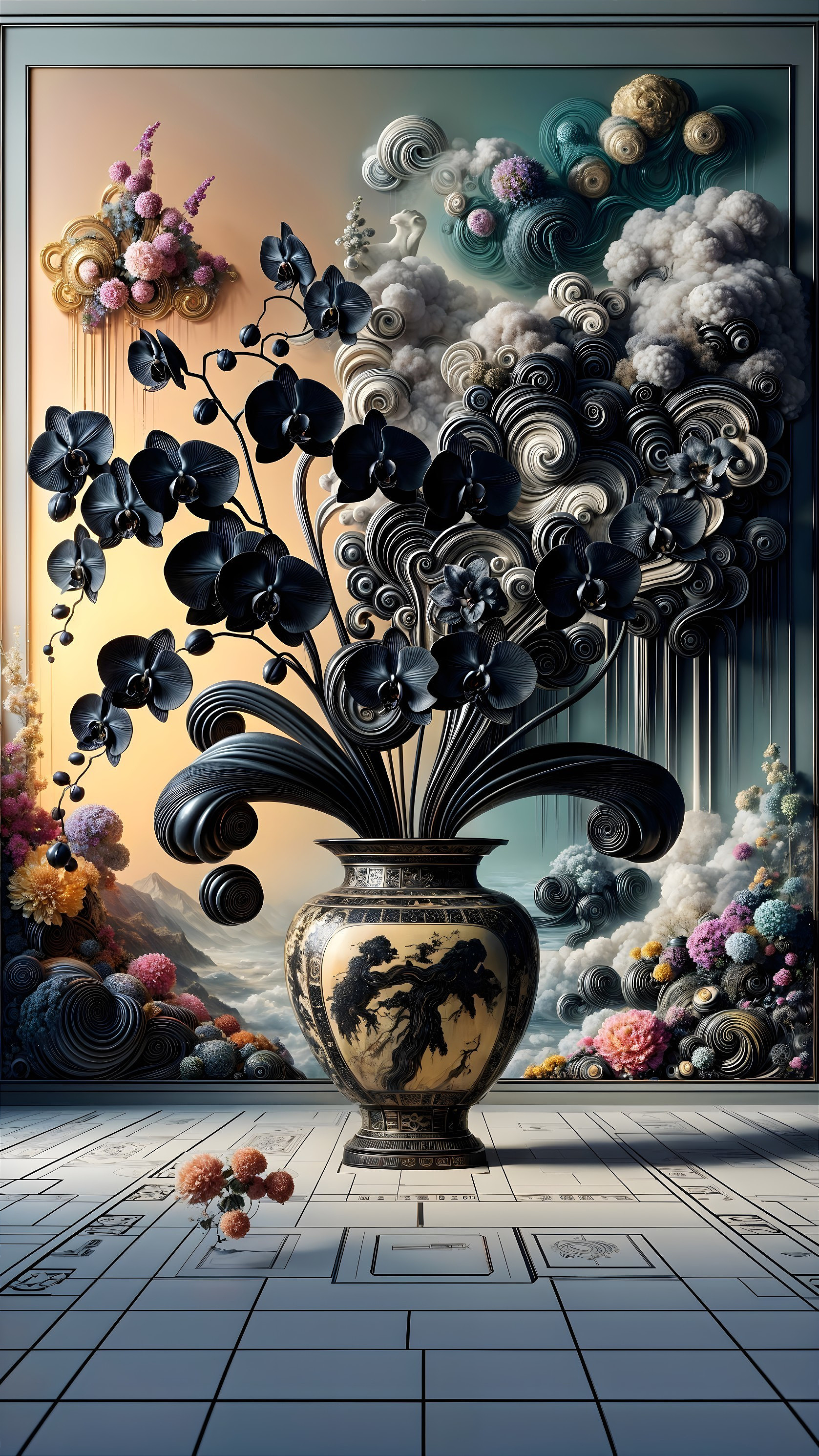 Intricate vase with black orchids in a stylized room
