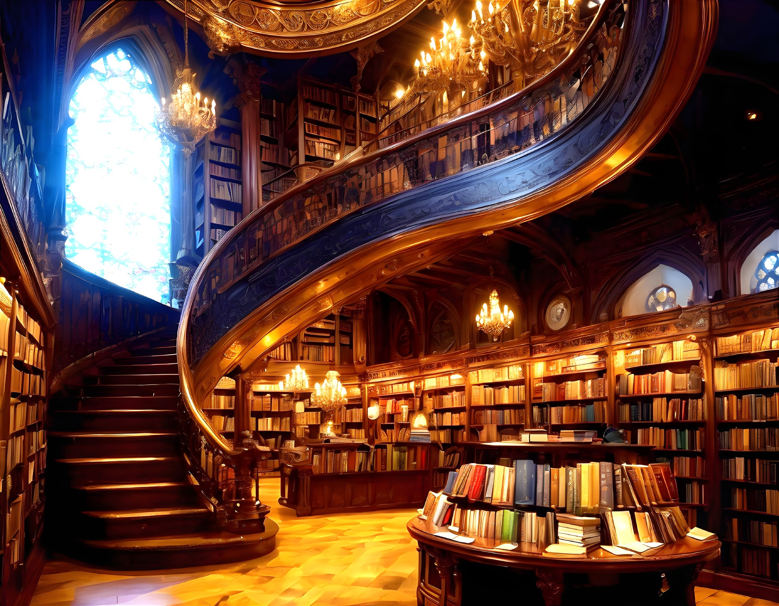 Ornate library with sweeping staircase and chandeliers