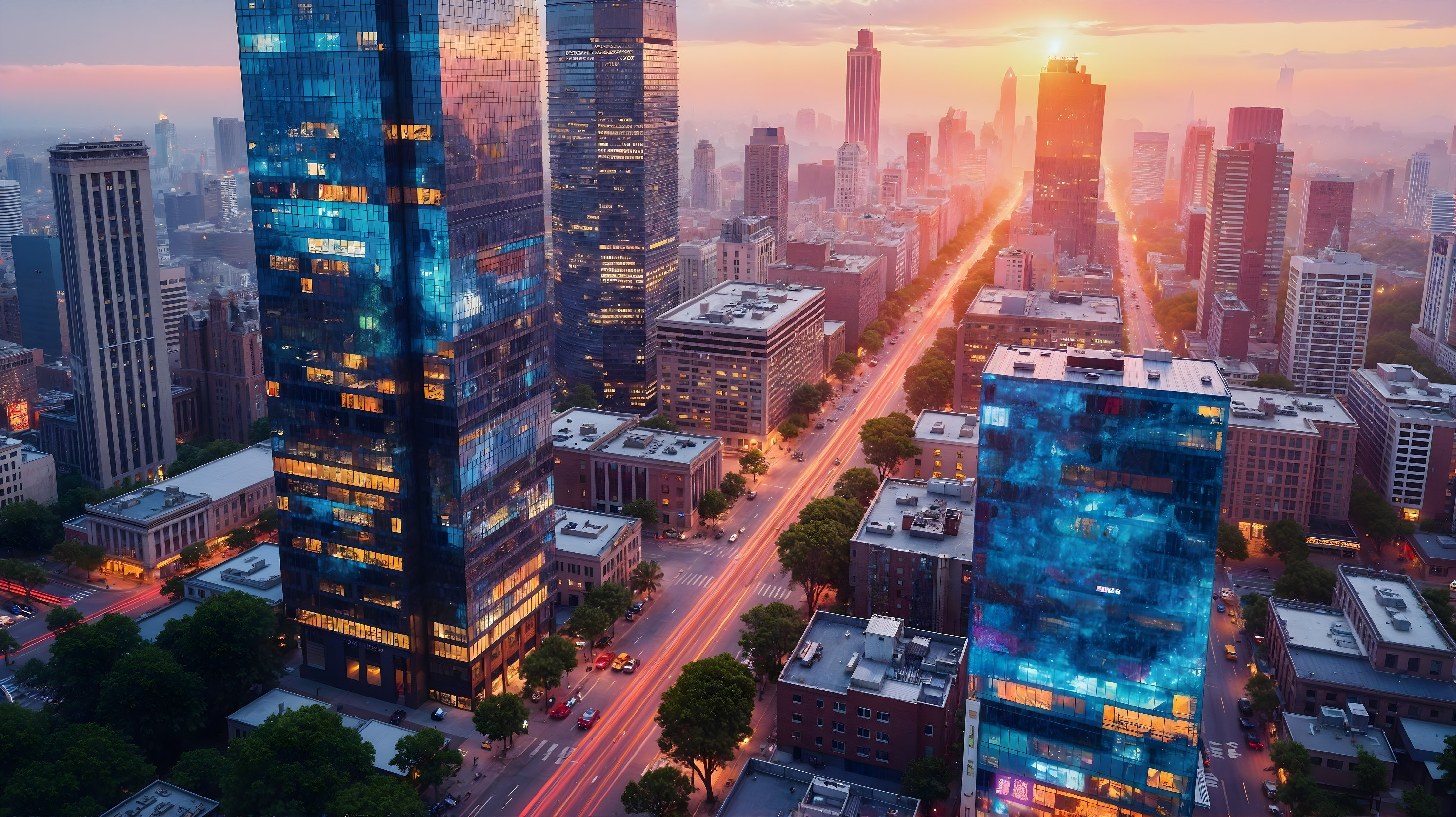 Panoramic City Skyline at Sunset with Skyscrapers