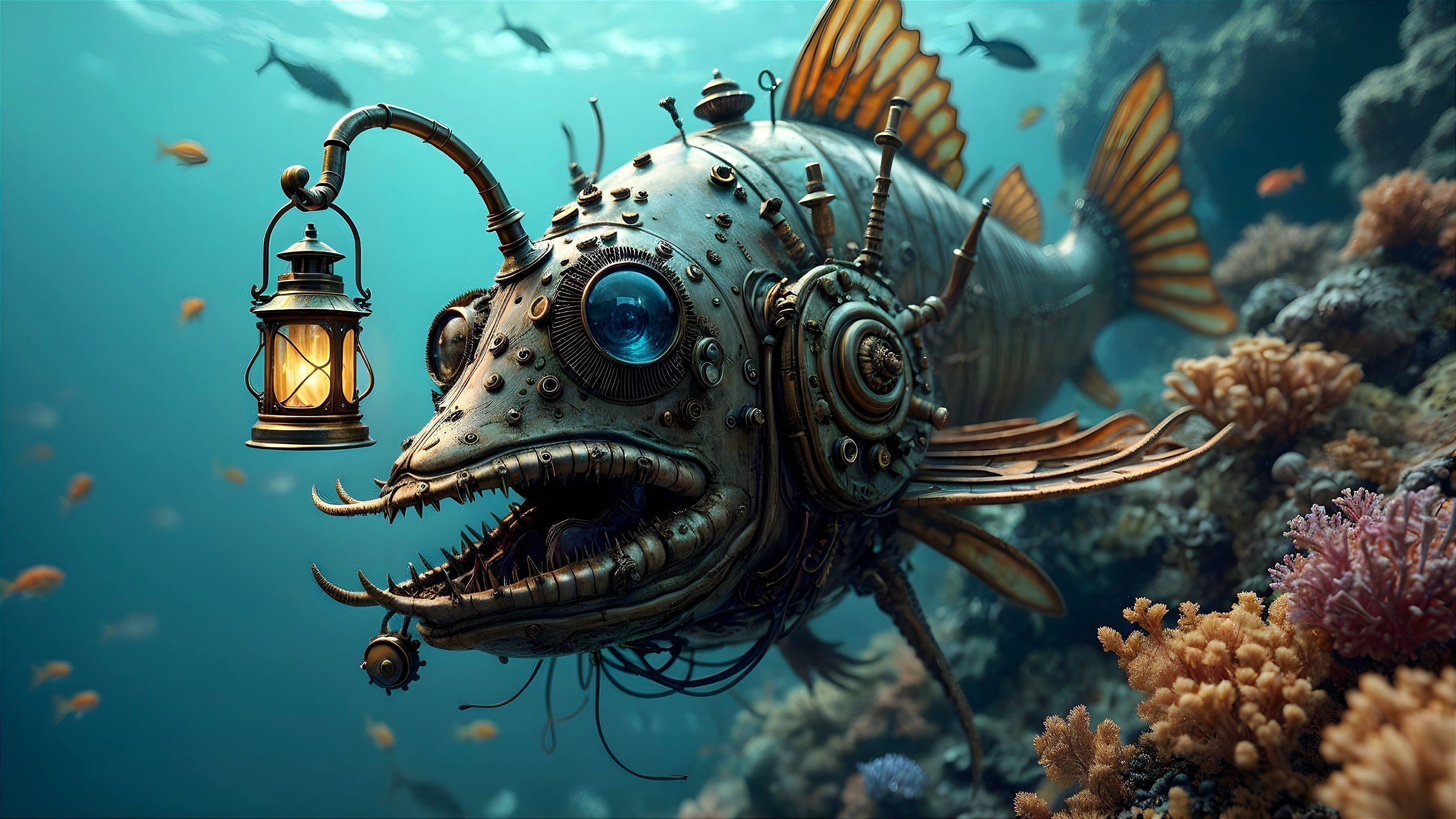 Steampunk Fish in Vibrant Underwater Scene
