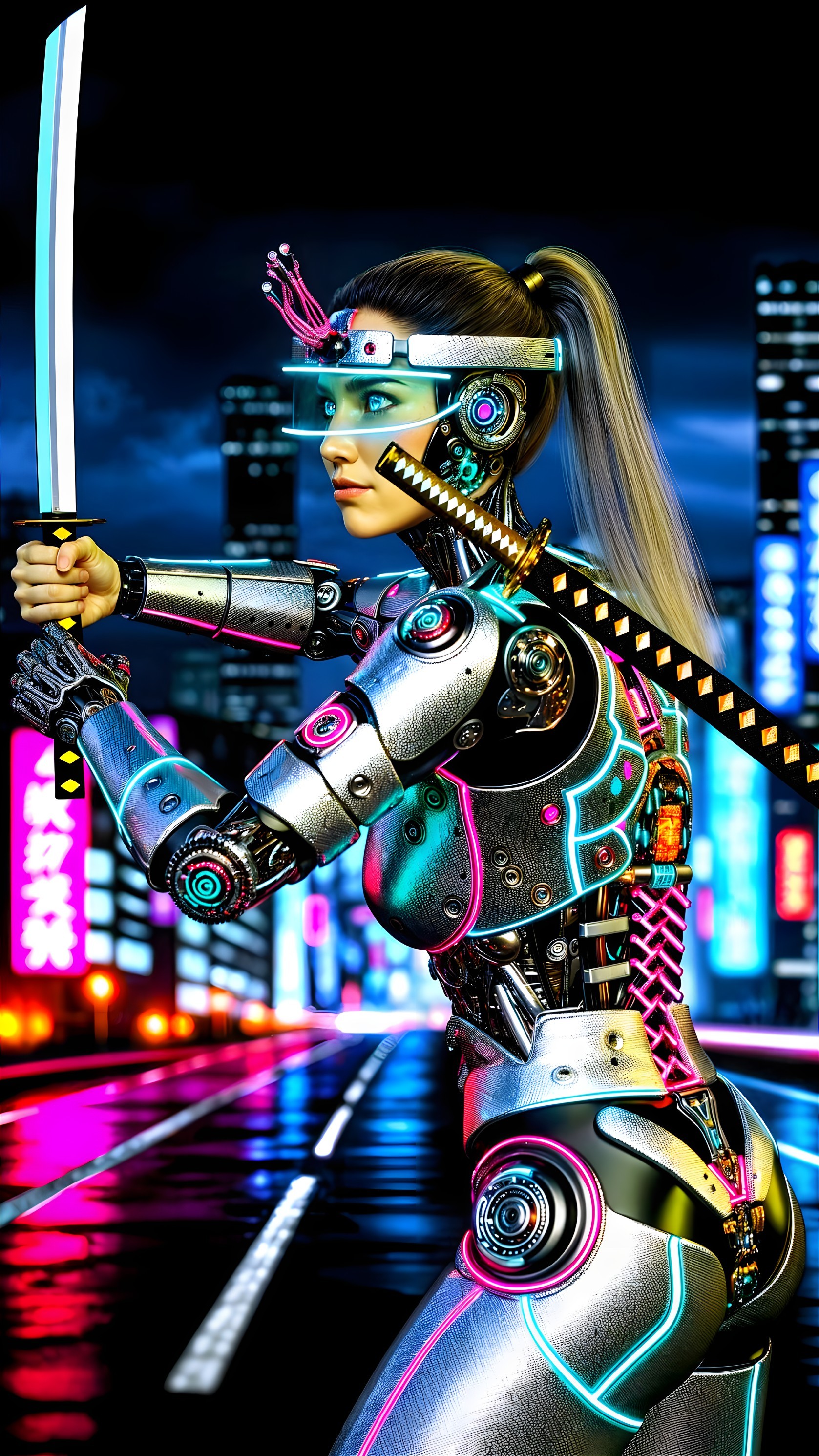Futuristic Cyberpunk Warrior in Neon City Setting
