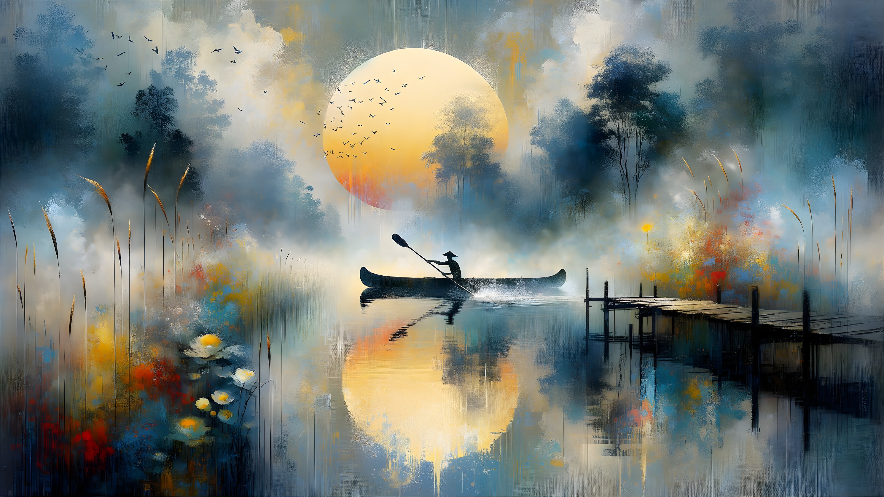 Serene Dusk Landscape with Canoe and Glowing Moon