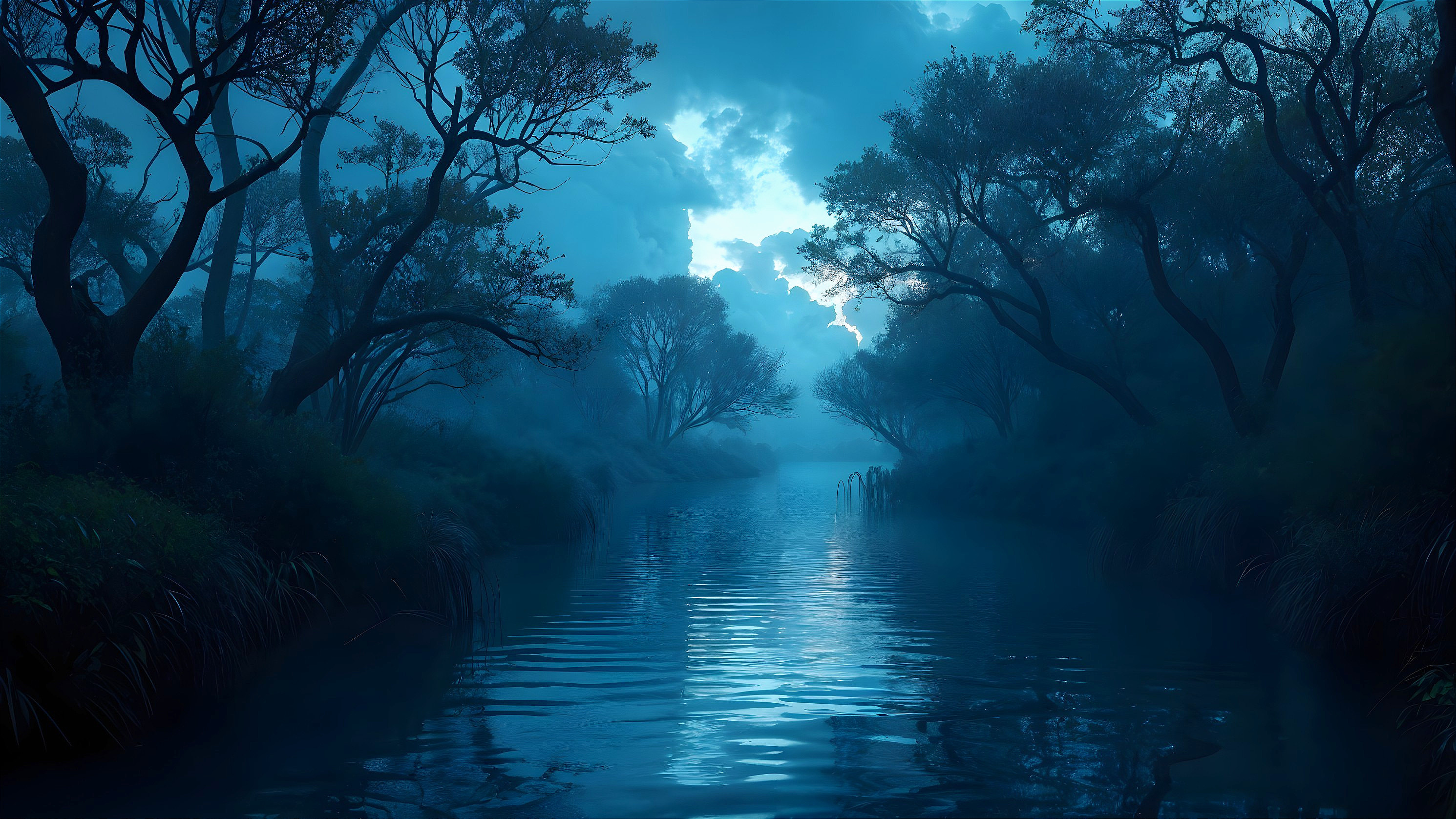 Misty River Landscape with Trees and Dreamlike Ambiance