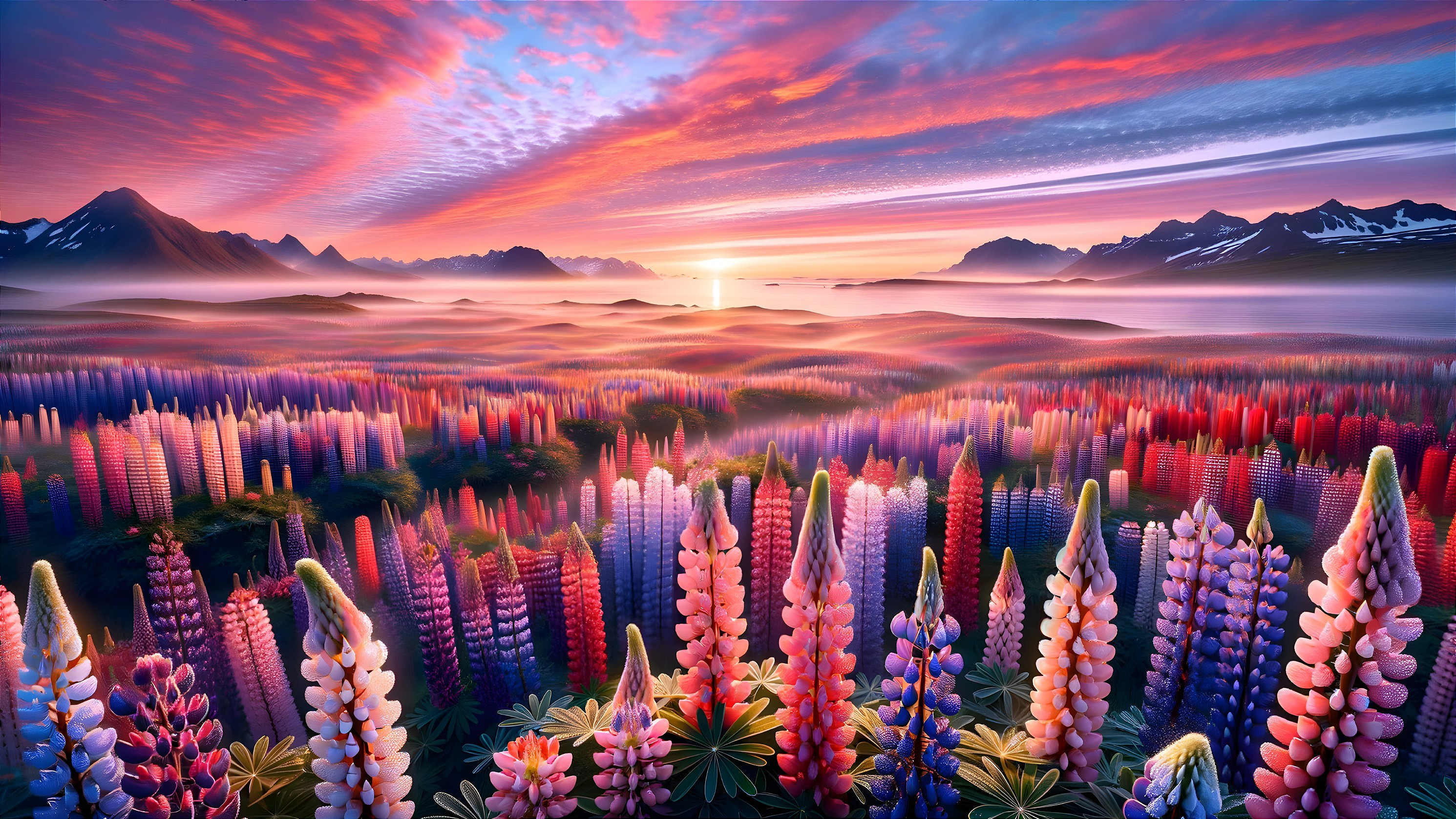Vibrant Sunset Landscape with Lupine Flowers and Mountains