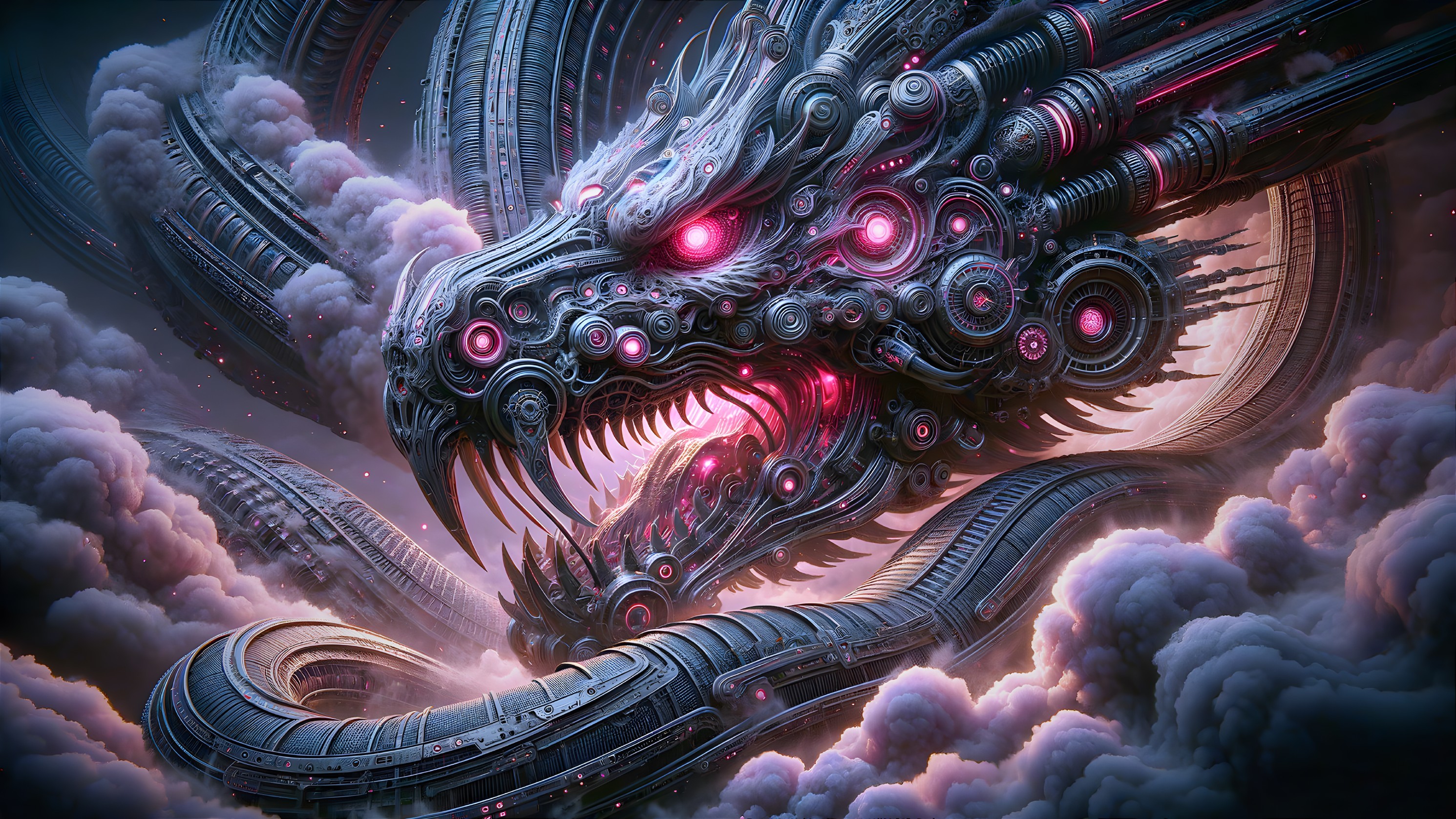 Futuristic Dragon with Metallic Features and Cables