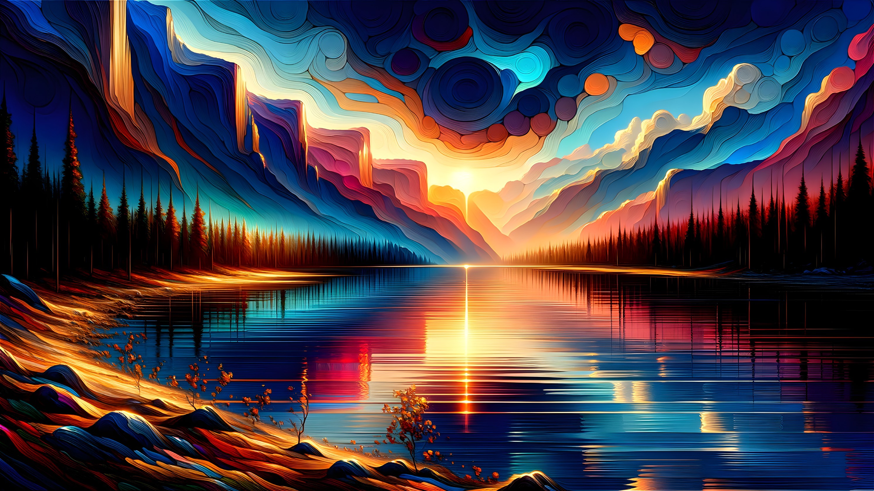 Vibrant Digital Artwork of Sunset Over Mountain Lake