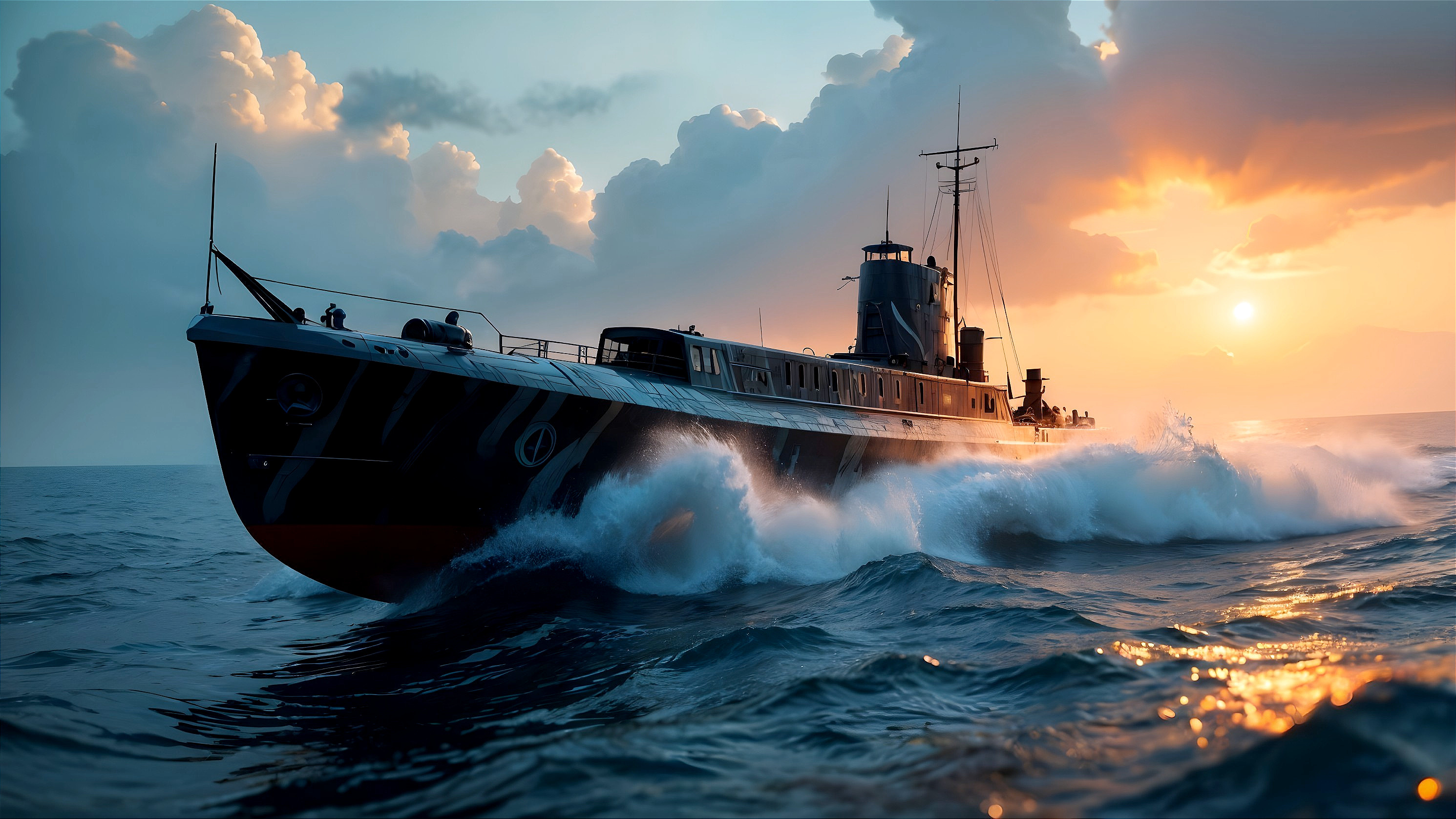 Vintage Naval Vessel on Vibrant Sunset Ocean Waves
