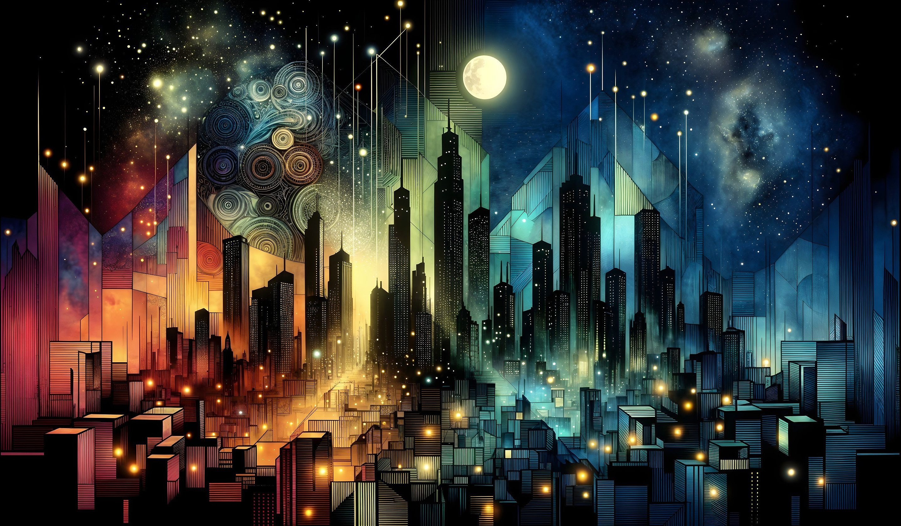 Vibrant Cityscape Under Starry Night Sky