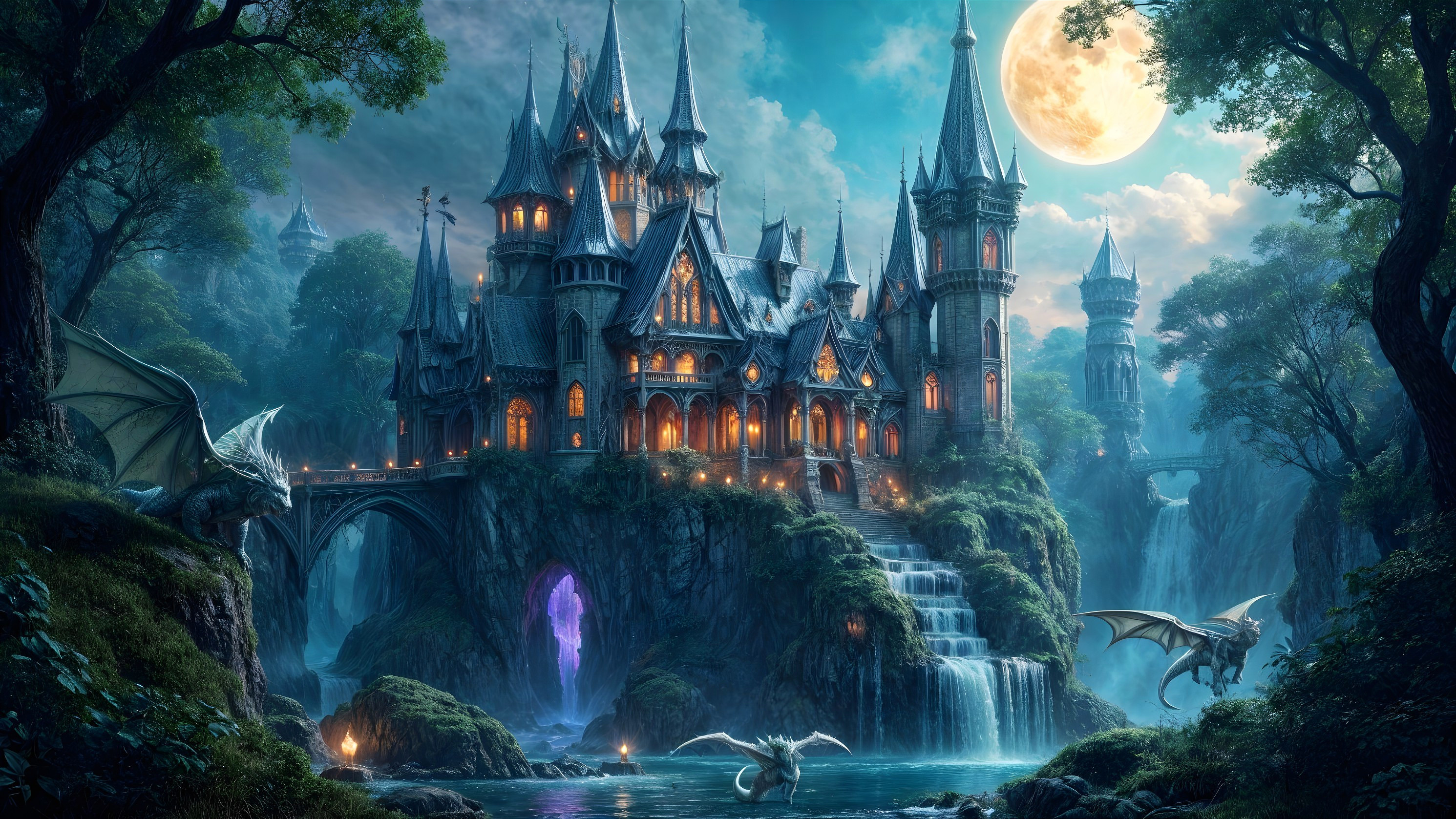 Mystical castle with dragons under a twilight sky