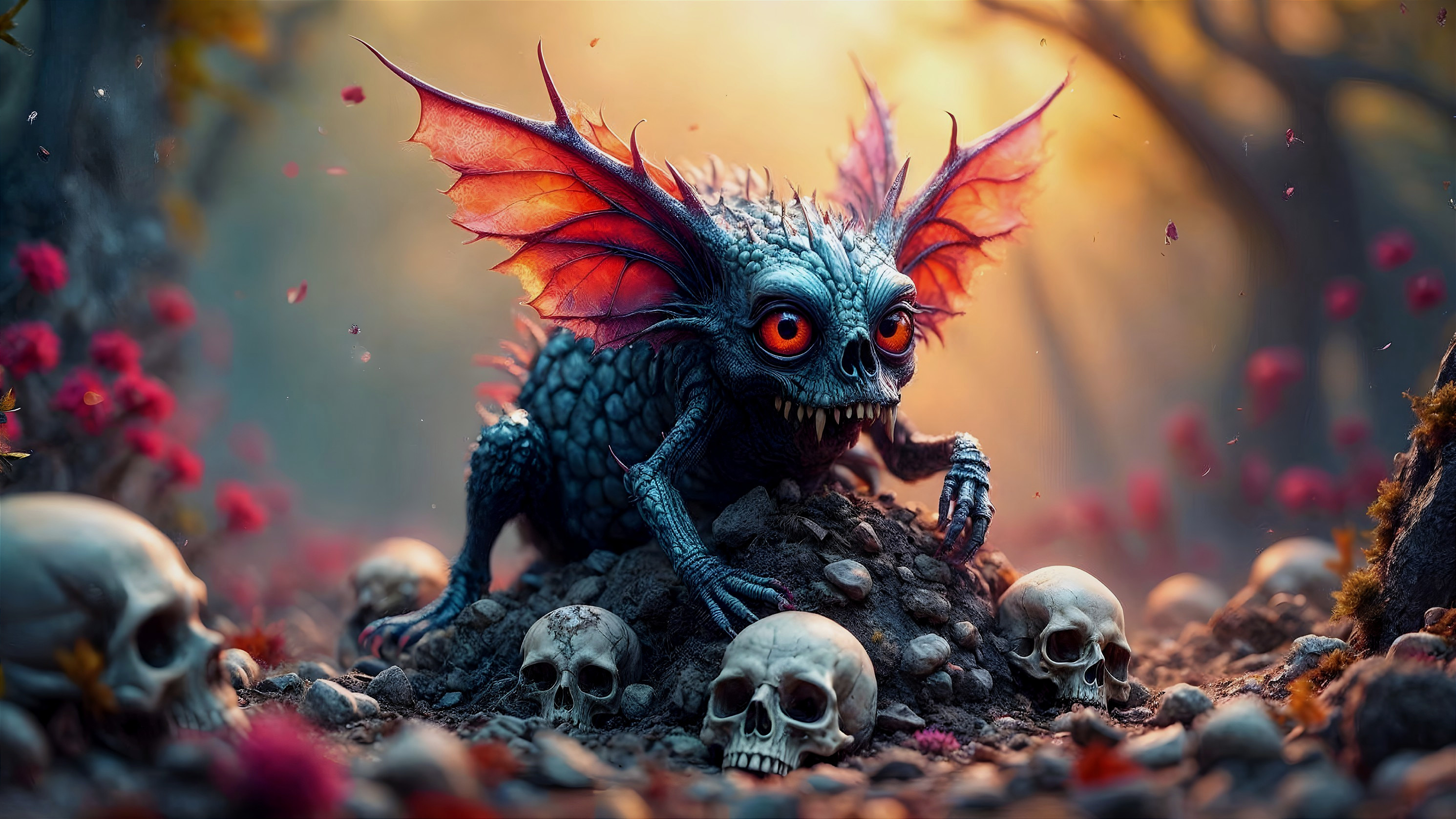 Mystical Creature in Twilight Forest Among Skulls
