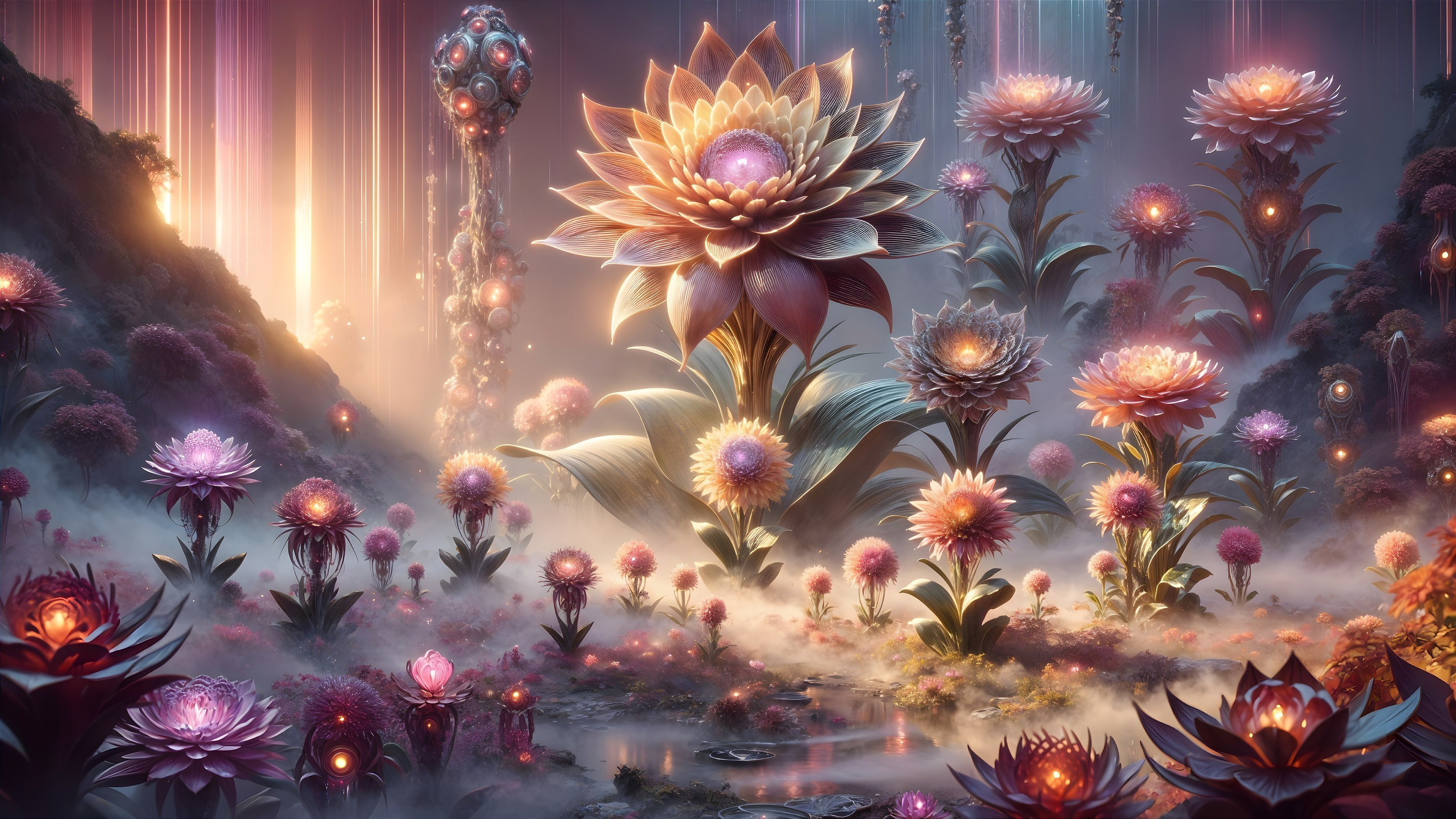 Surreal Garden with Towering Flowers and Mystical Glow