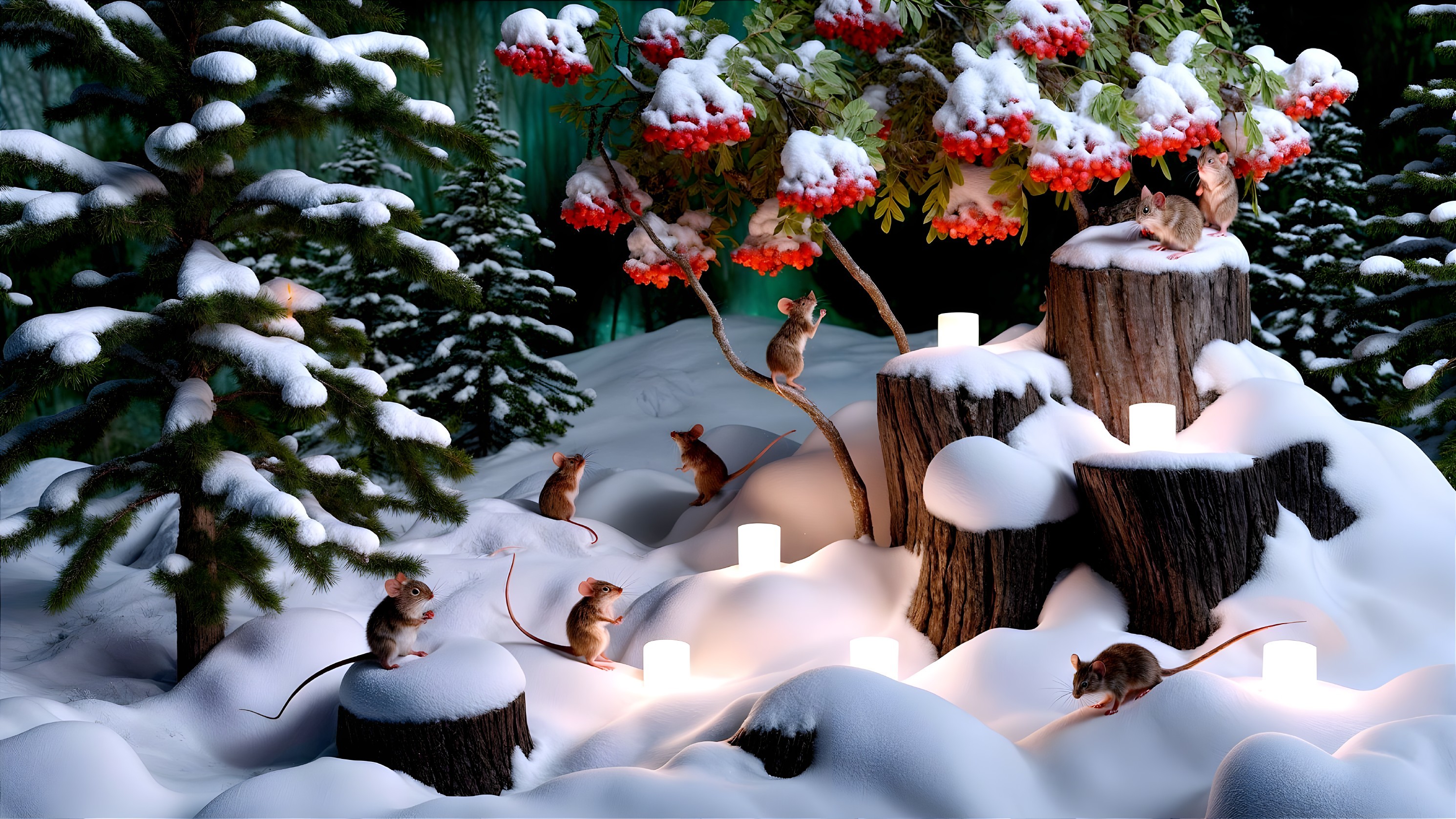 Charming Mice Explore Winter Wonderland with Berries