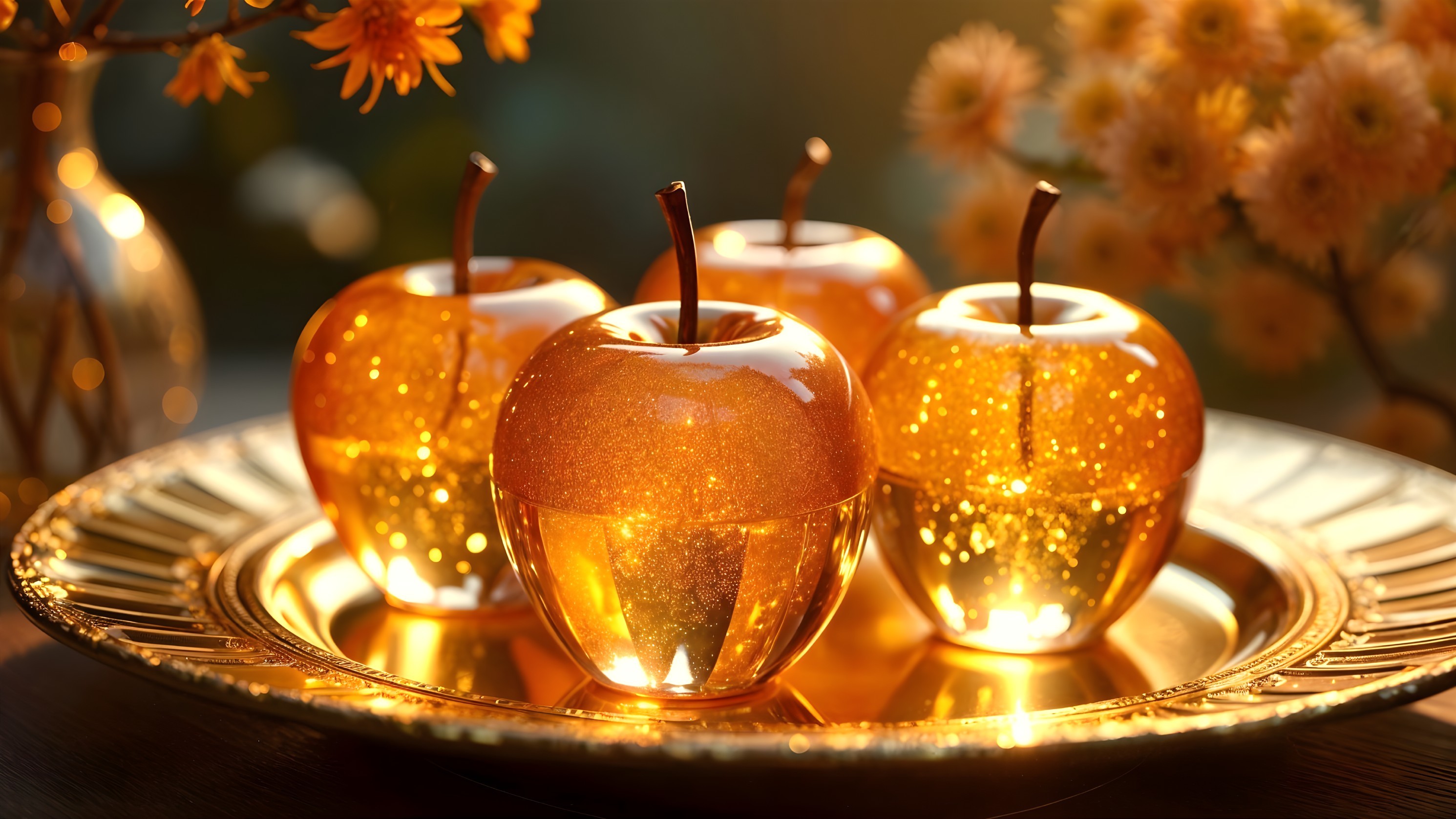 Golden Platter with Decorative Apples and Flowers