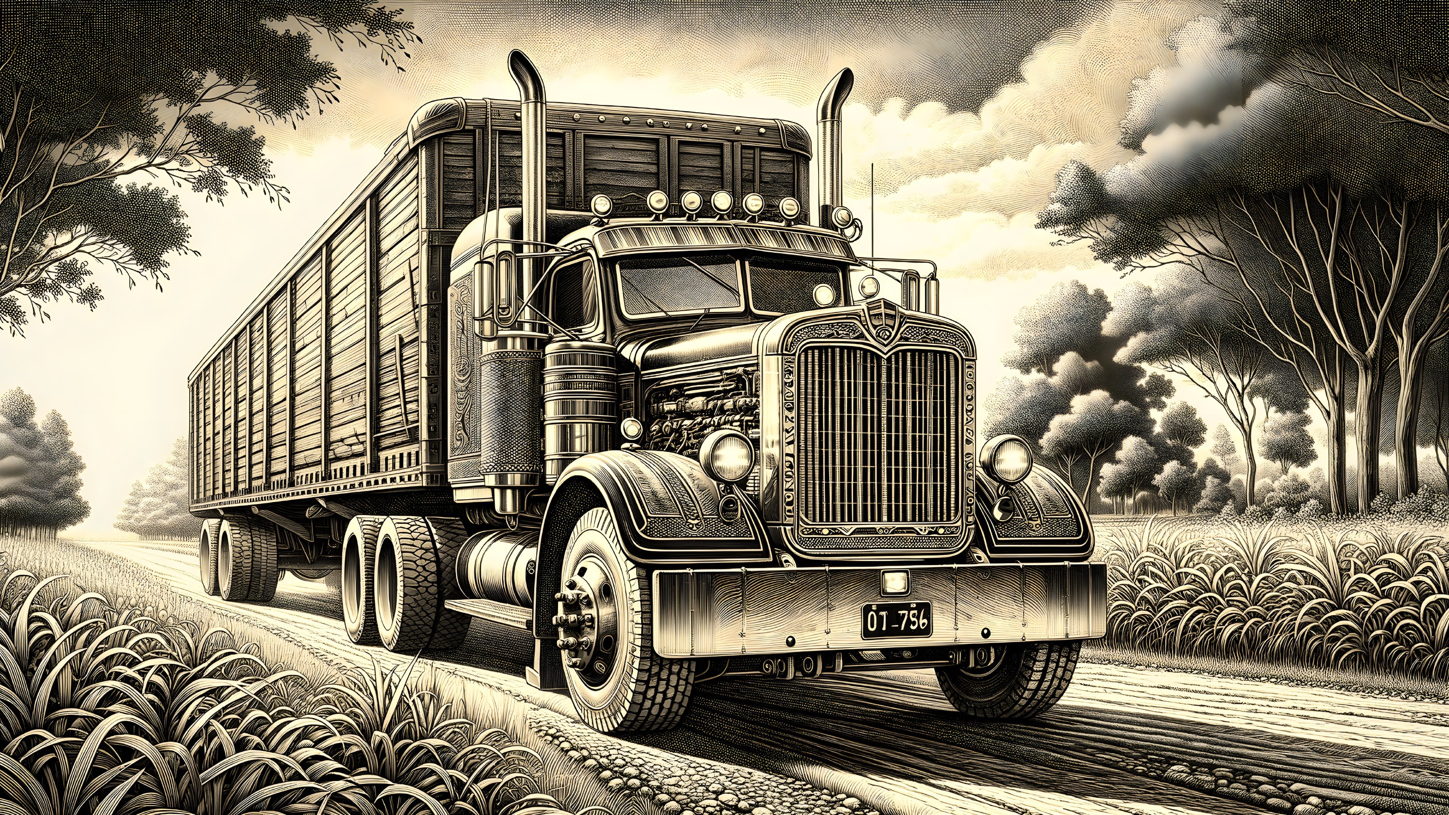 Vintage Truck with Trailer on a Dirt Road Illustration
