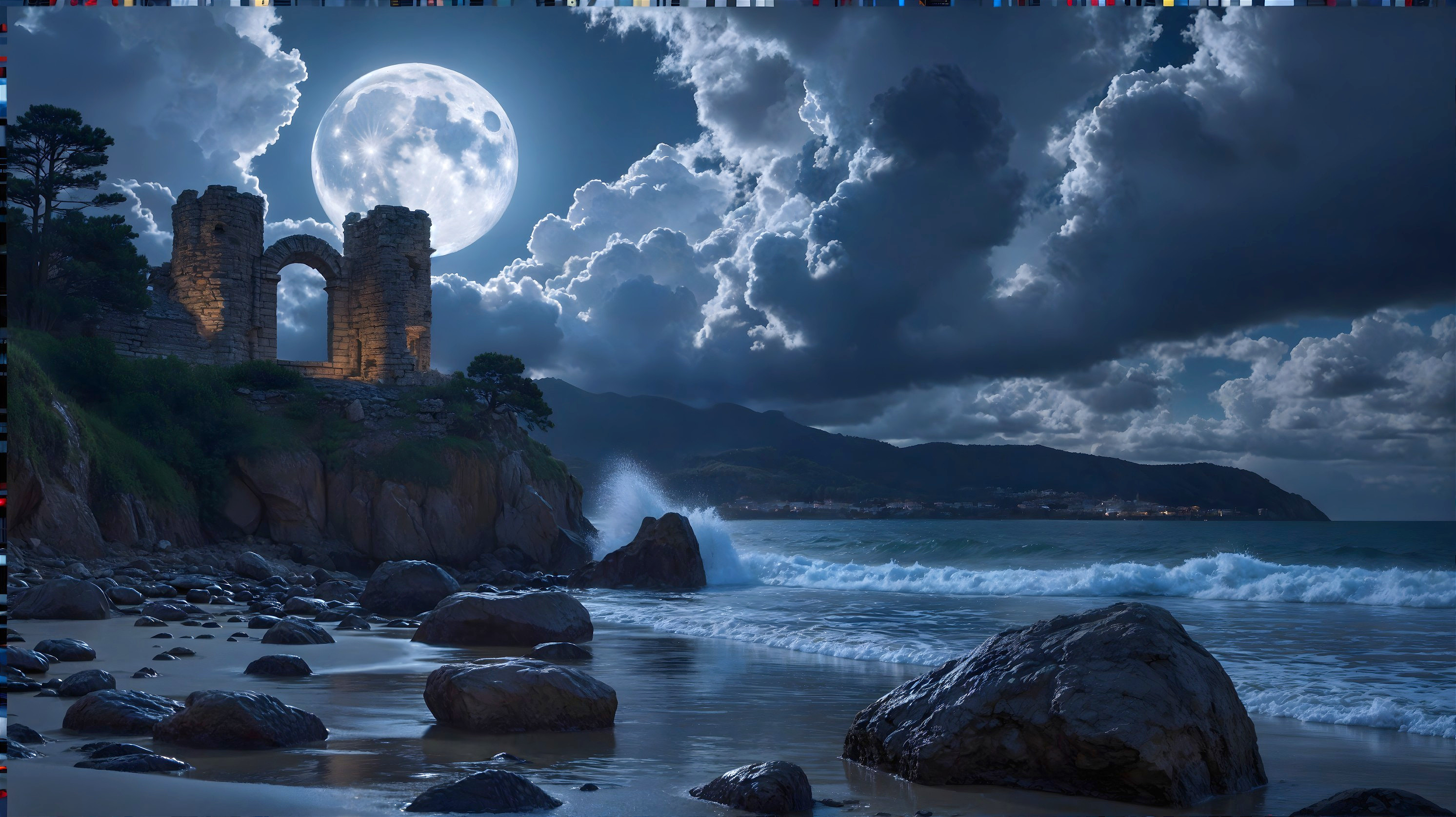 Ancient Ruins Under Moonlight at Coastal Landscape