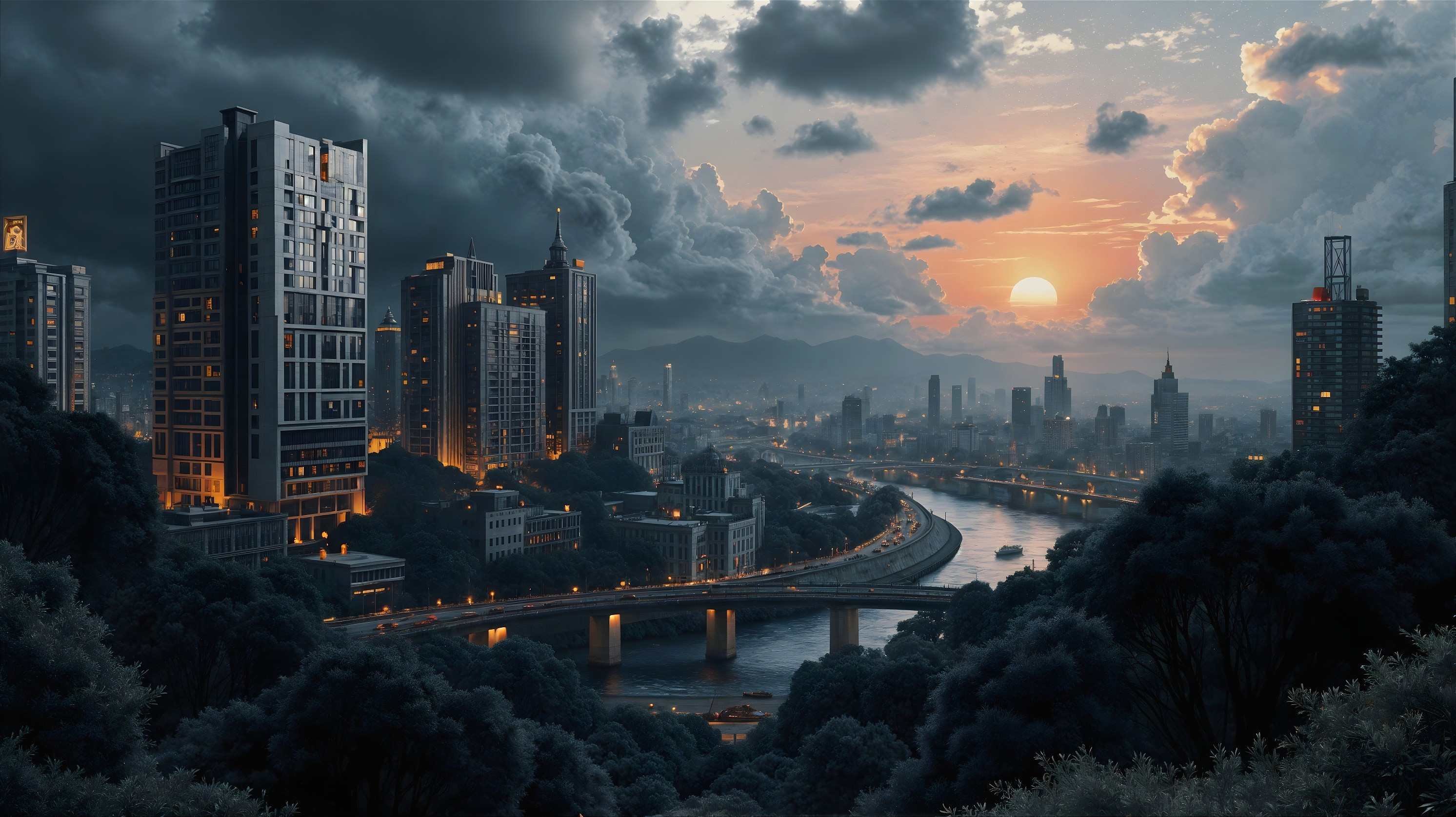 Urban Landscape at Dusk with Skyscrapers and River