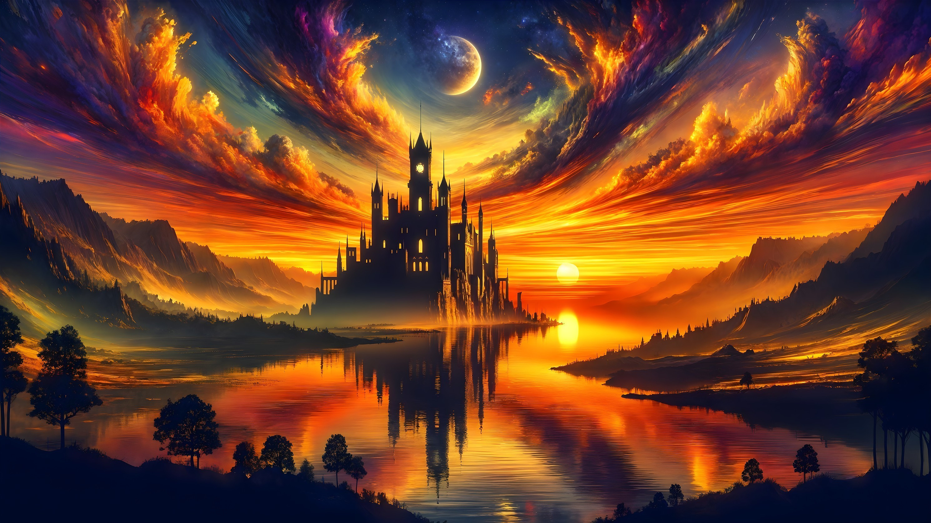 Vibrant Sunset Over Castle Surrounded by Trees