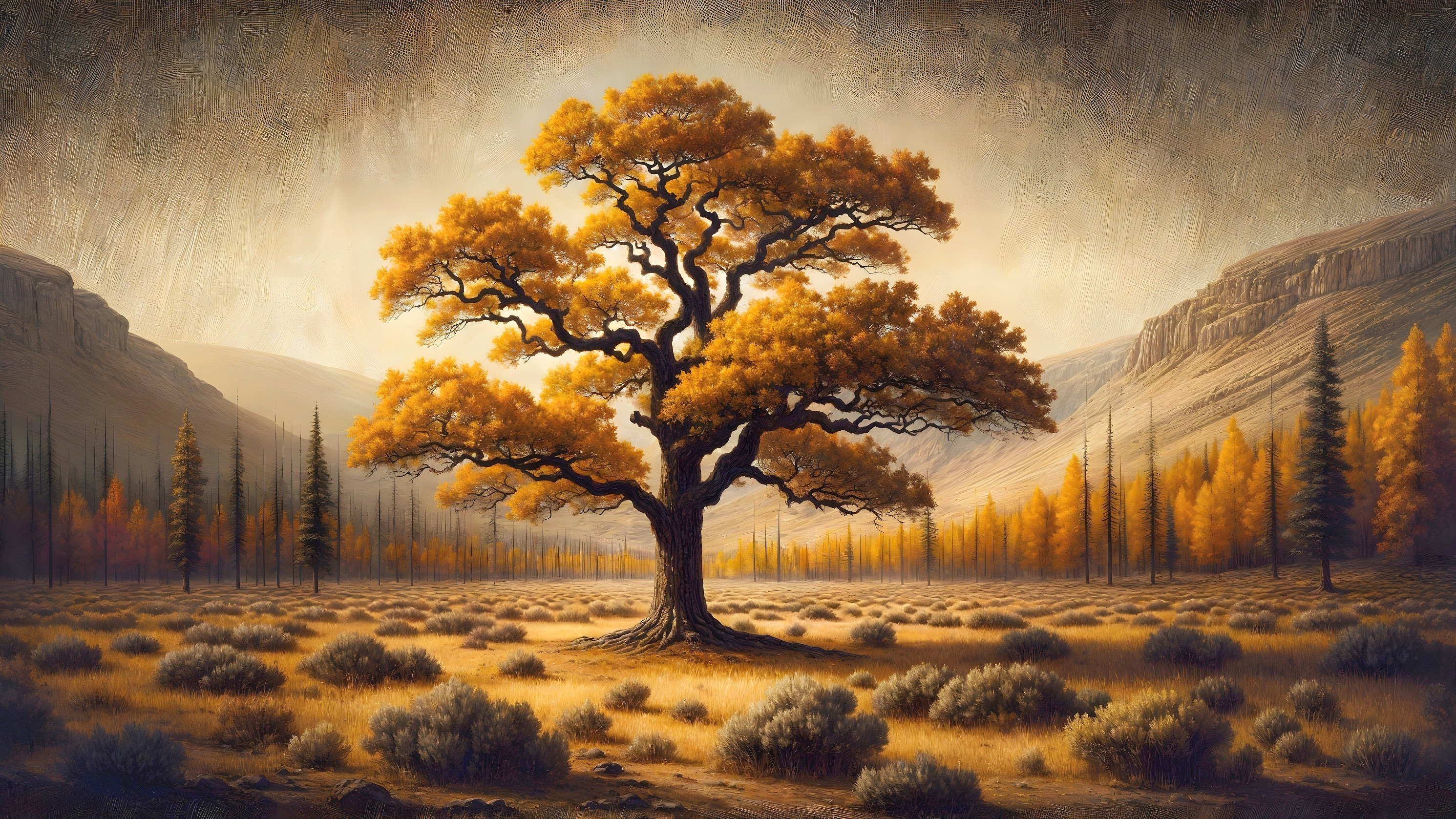 Majestic Tree with Golden Leaves in Tranquil Landscape