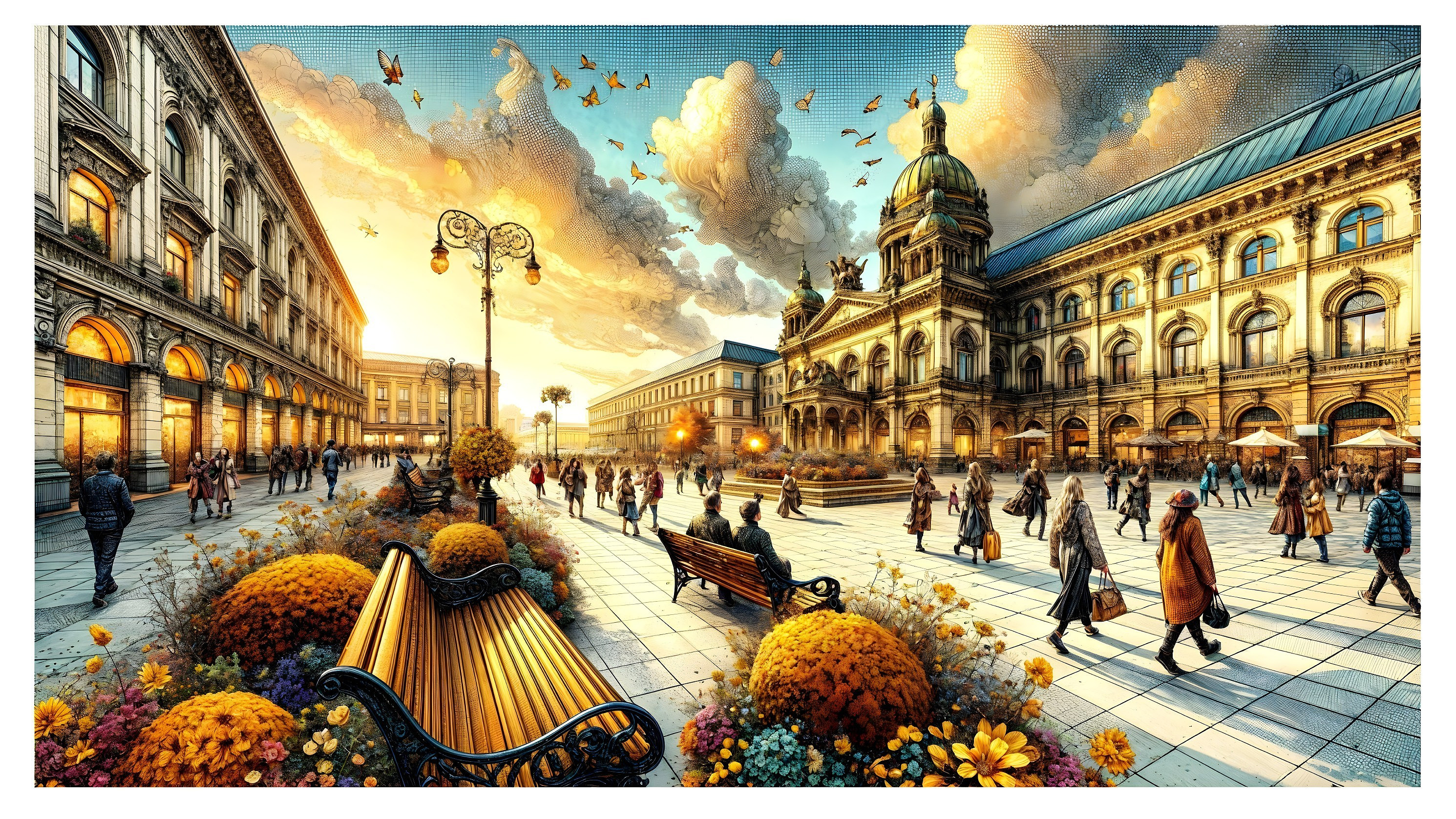 Vibrant city square with historic buildings and flowers