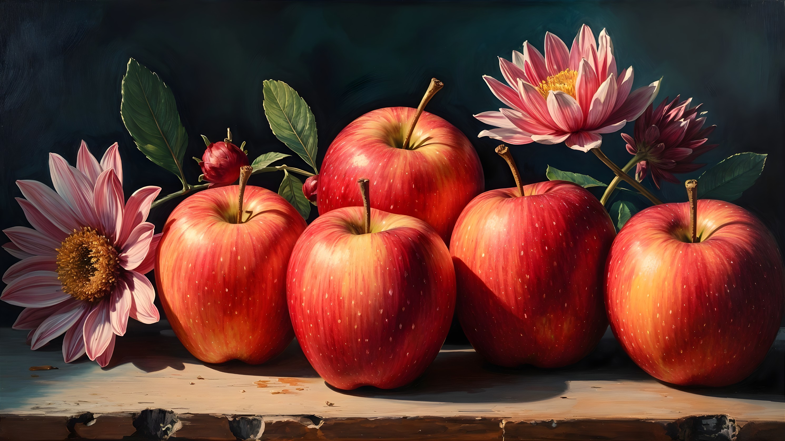 Vibrant Still Life of Red Apples and Water Lilies