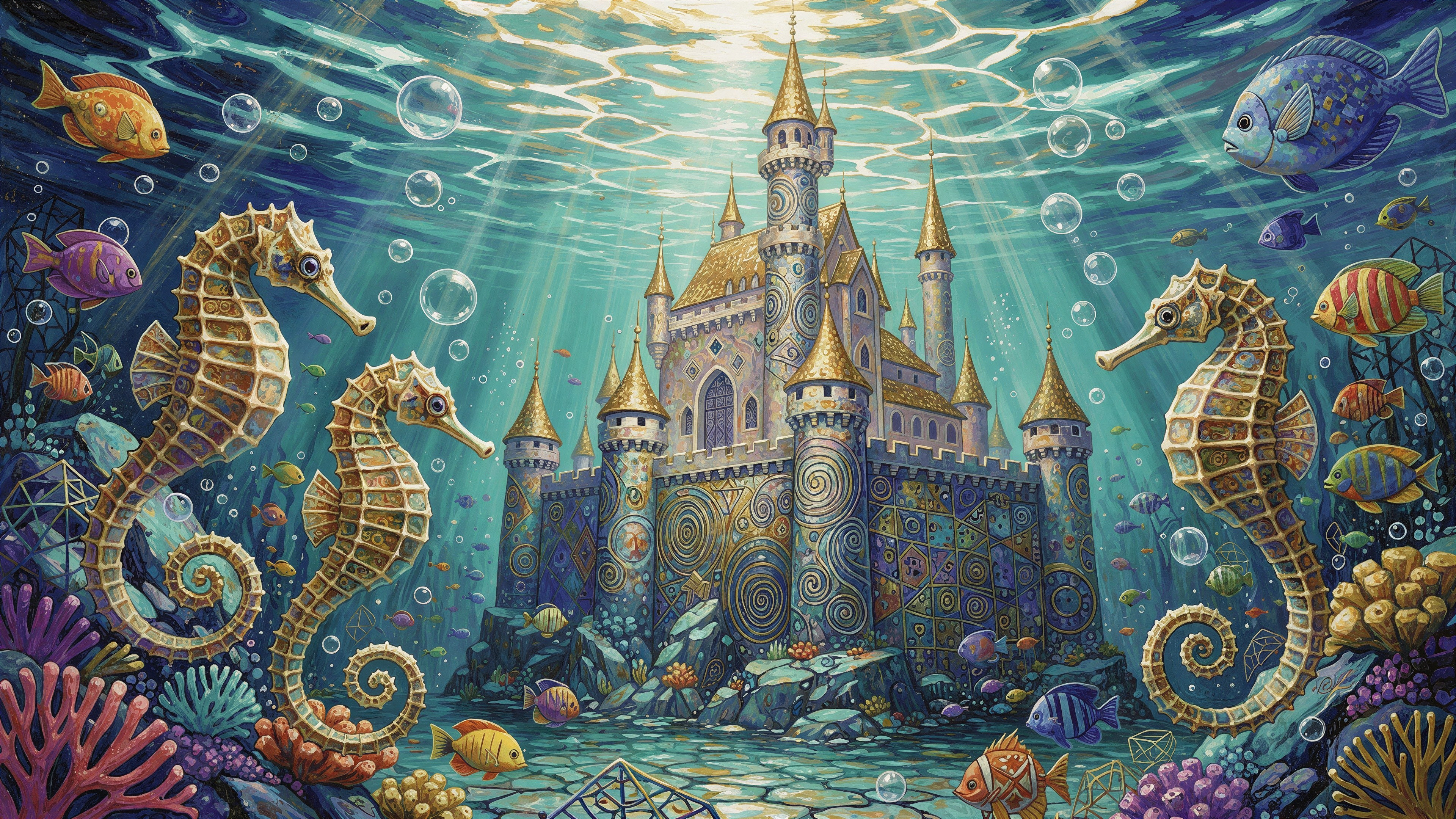 Underwater Fantasy Scene with Castle and Seahorses