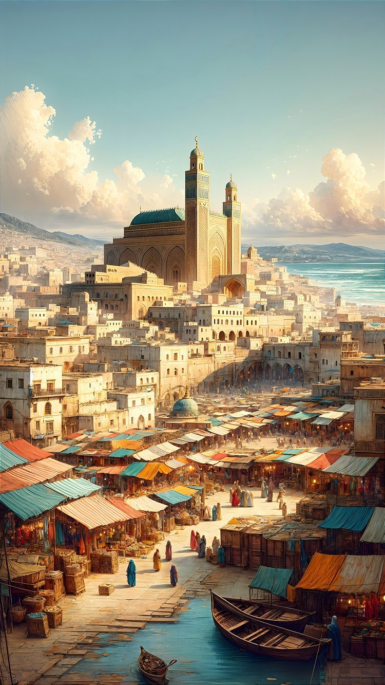 Vibrant Coastal Marketplace with Grand Mosque Background