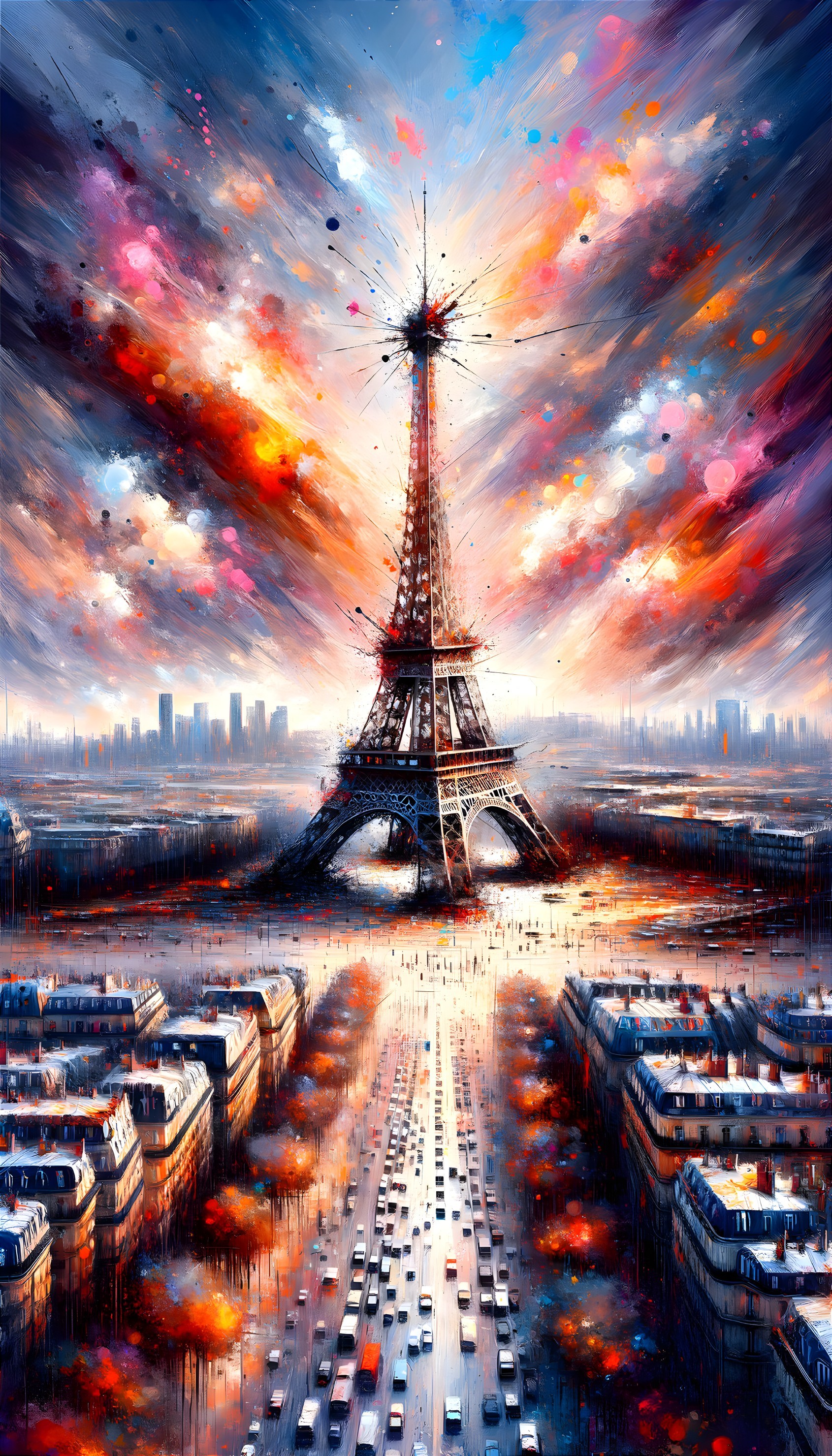 Eiffel Tower Surrounded by Colorful Swirling Sky