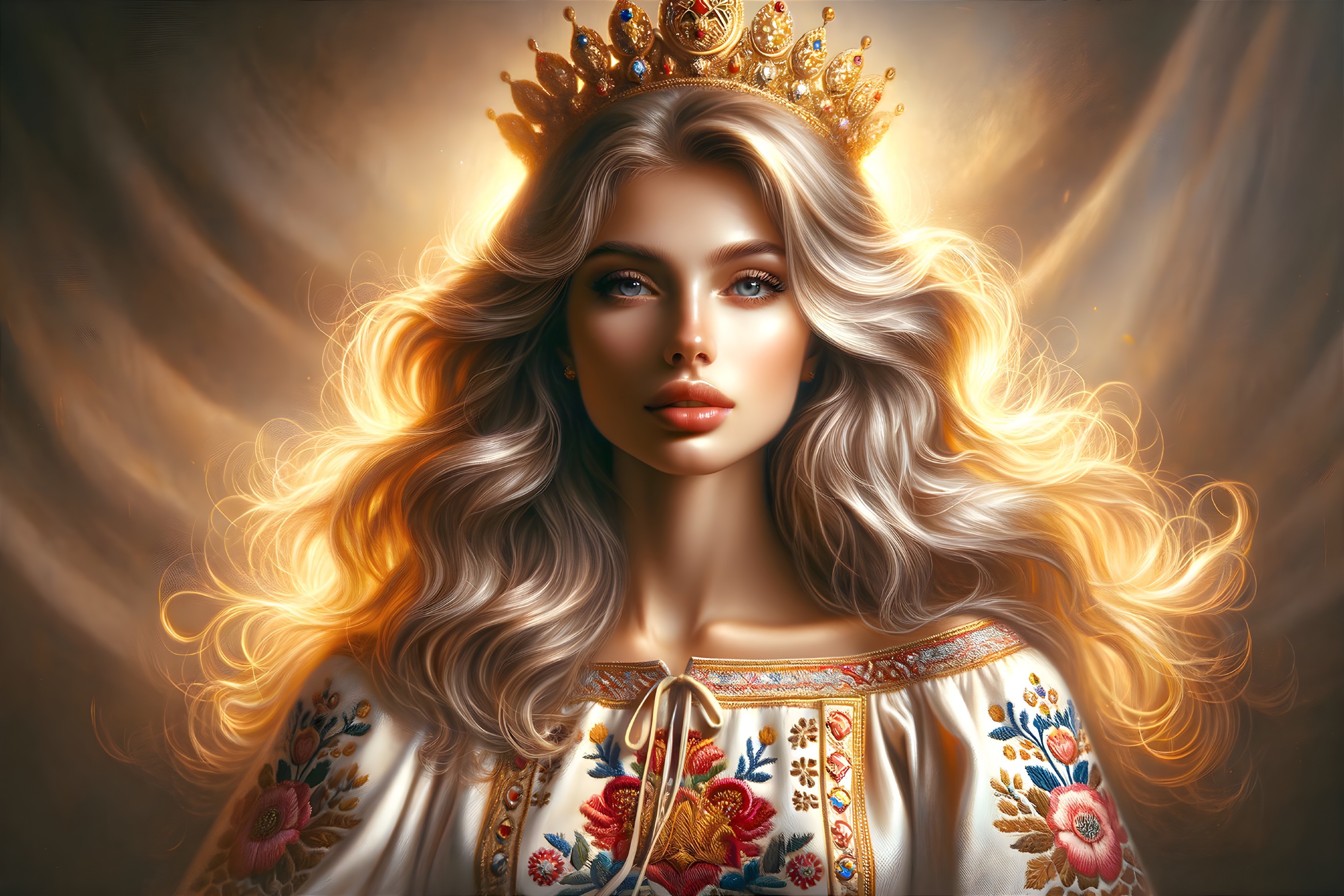 Beautiful Woman in Golden Crown and Embroidered Dress