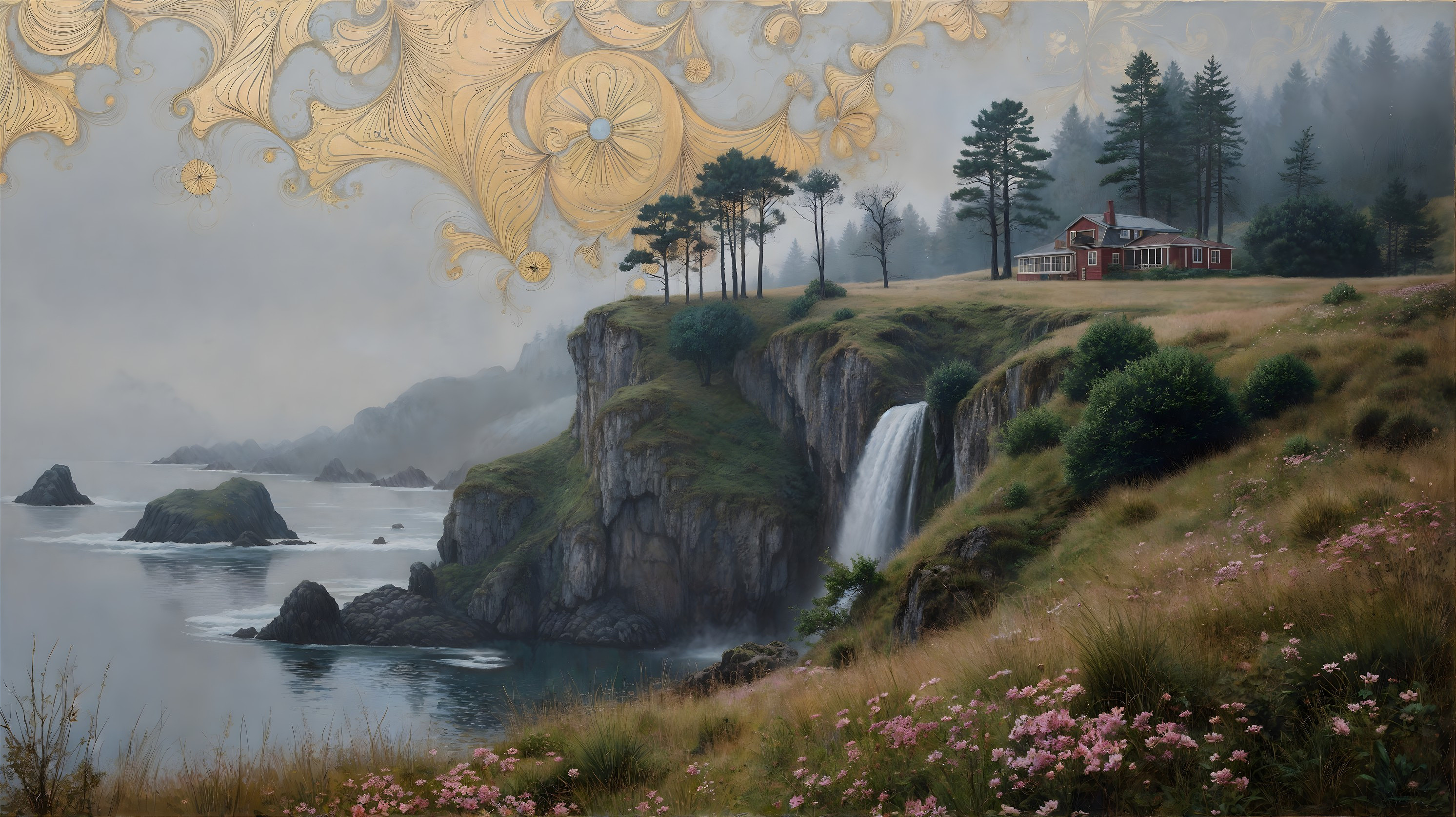 Coastal Landscape with Cliffside Home and Waterfall