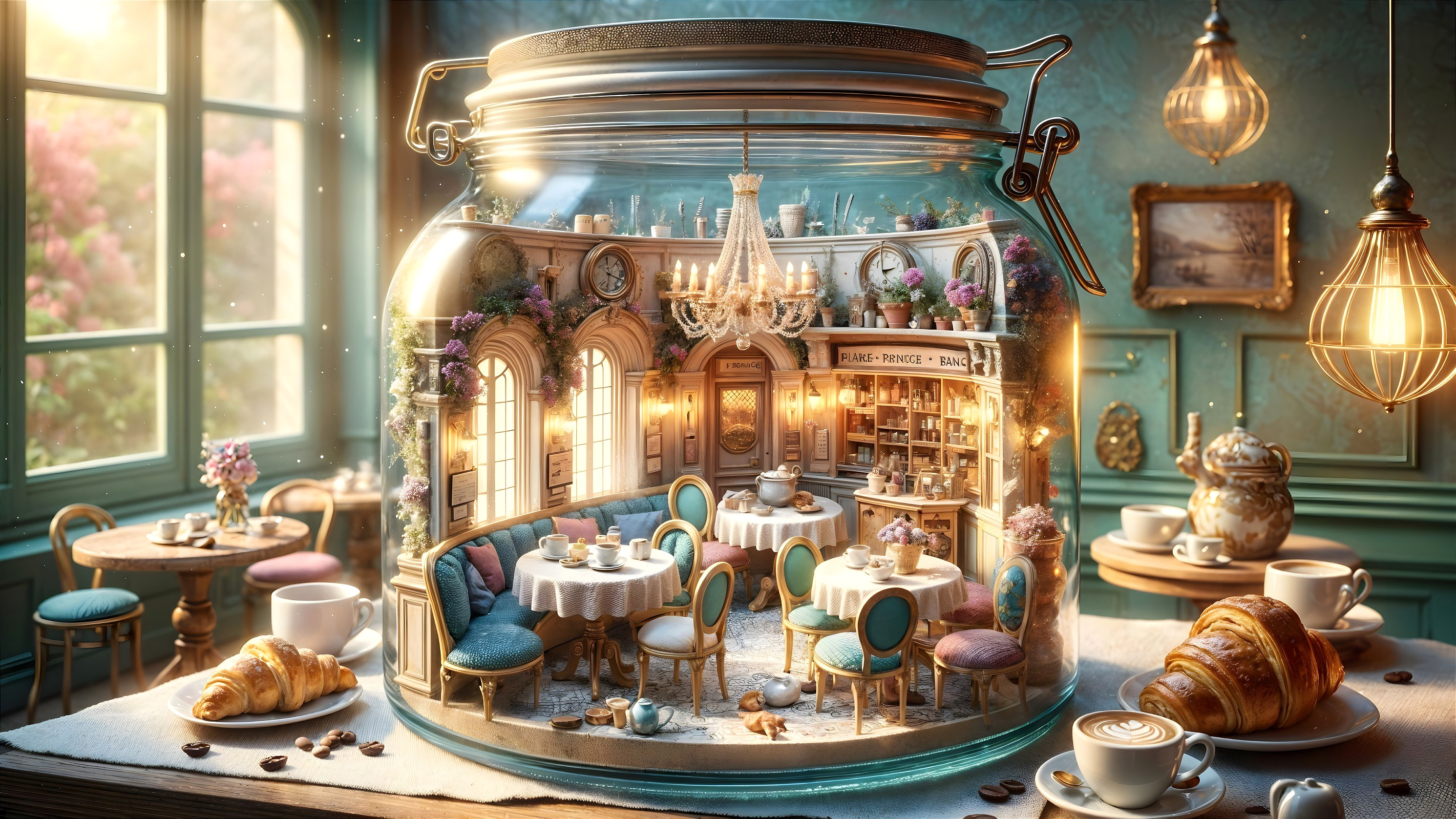 Whimsical café scene inside a glass jar with decor
