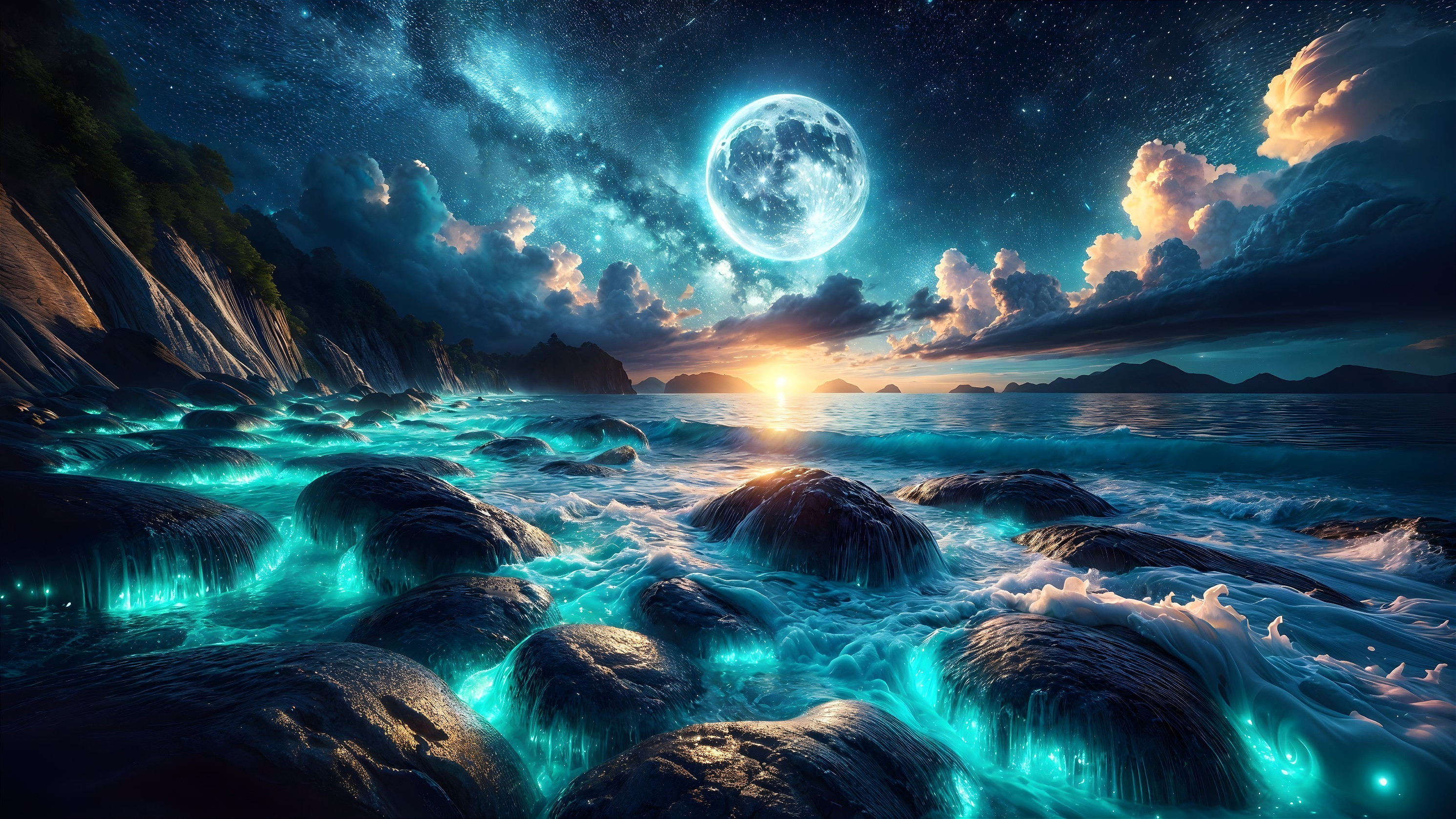 Twilight Seascape with Moonlit Ocean and Clouds