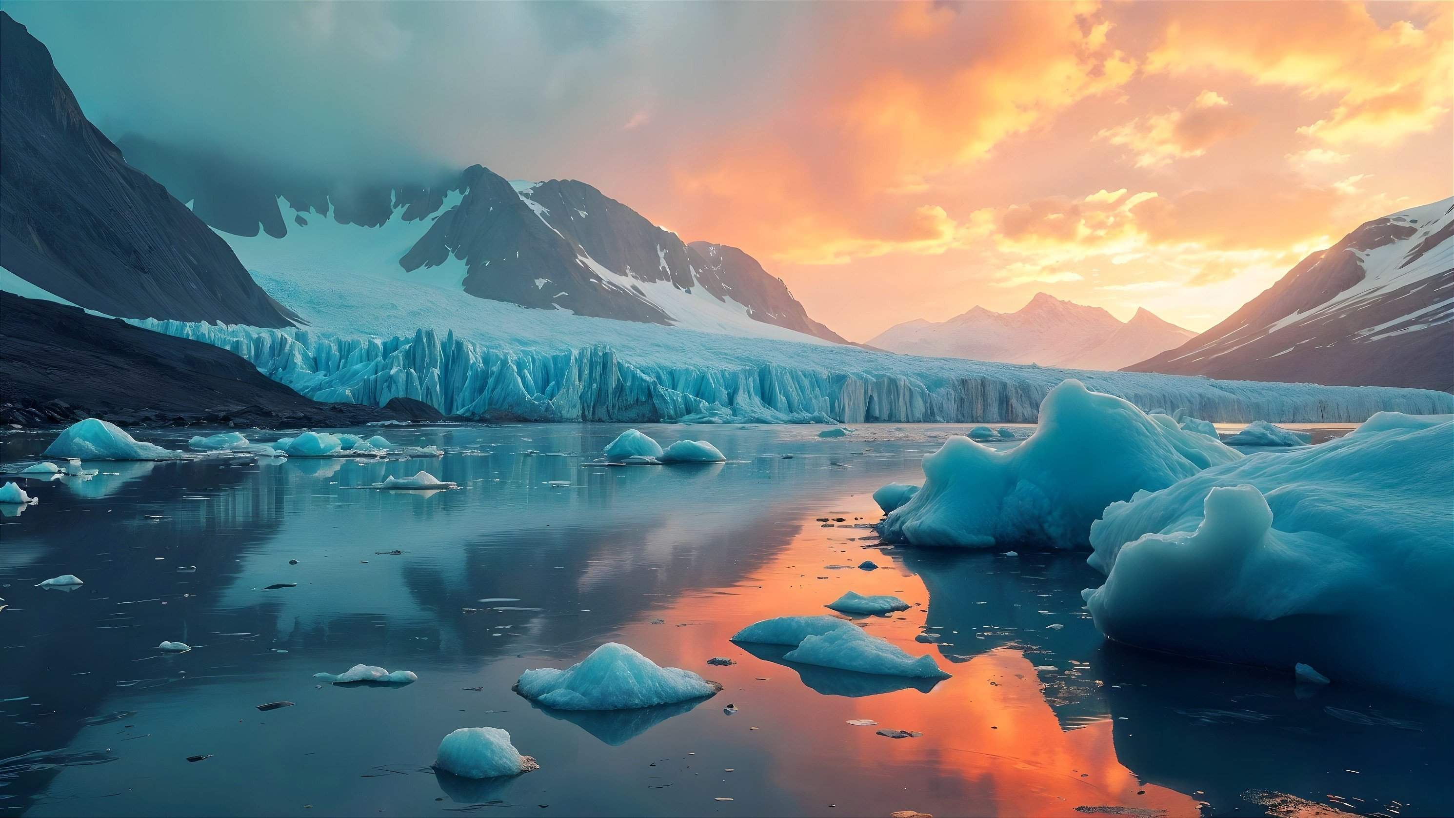 Arctic Landscape with Mountains, Glacier, and Icebergs