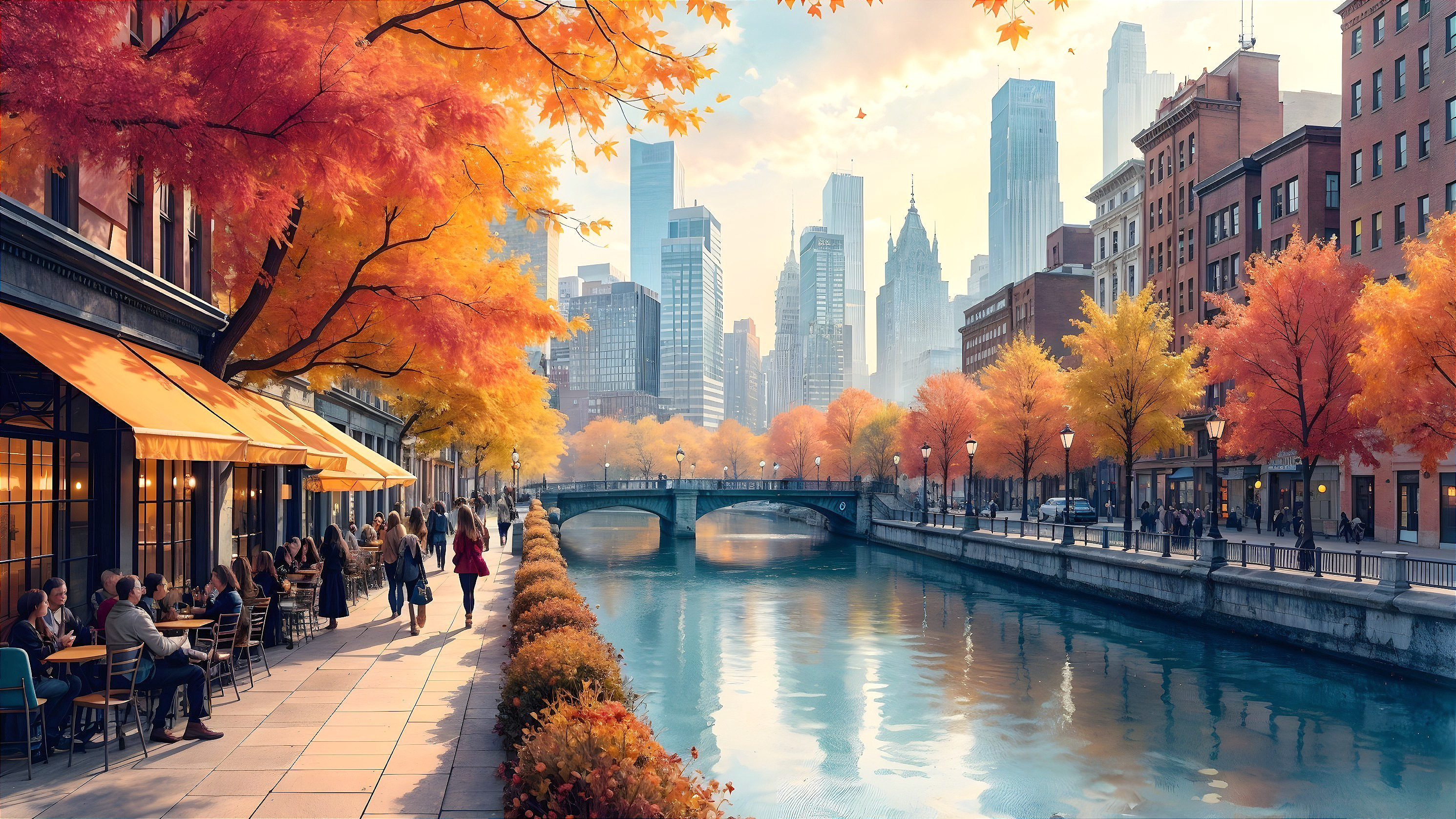 Vibrant City Canal with Autumn Trees and Skyscrapers