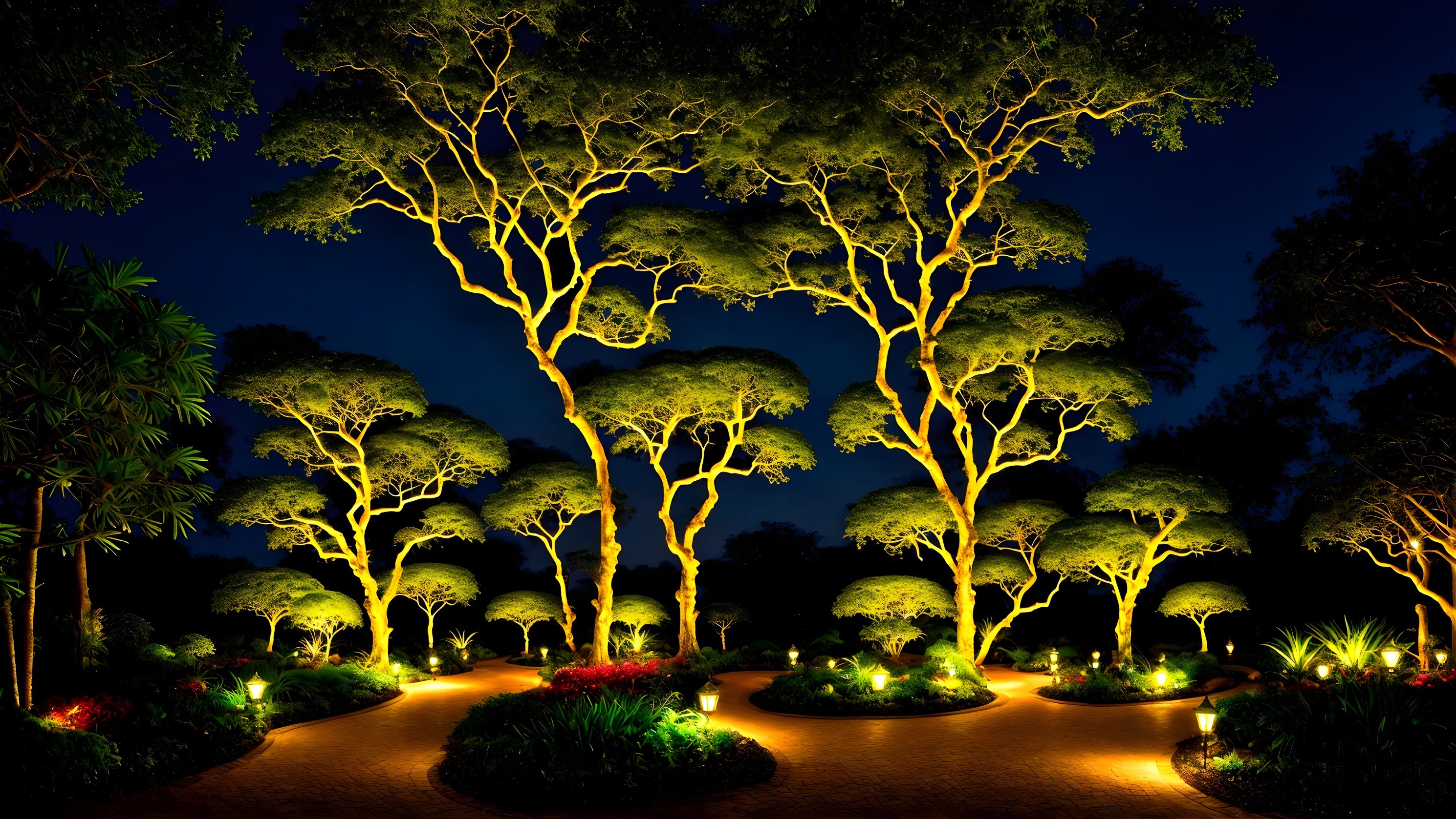 Serene Nighttime Garden with Soft Golden Lights