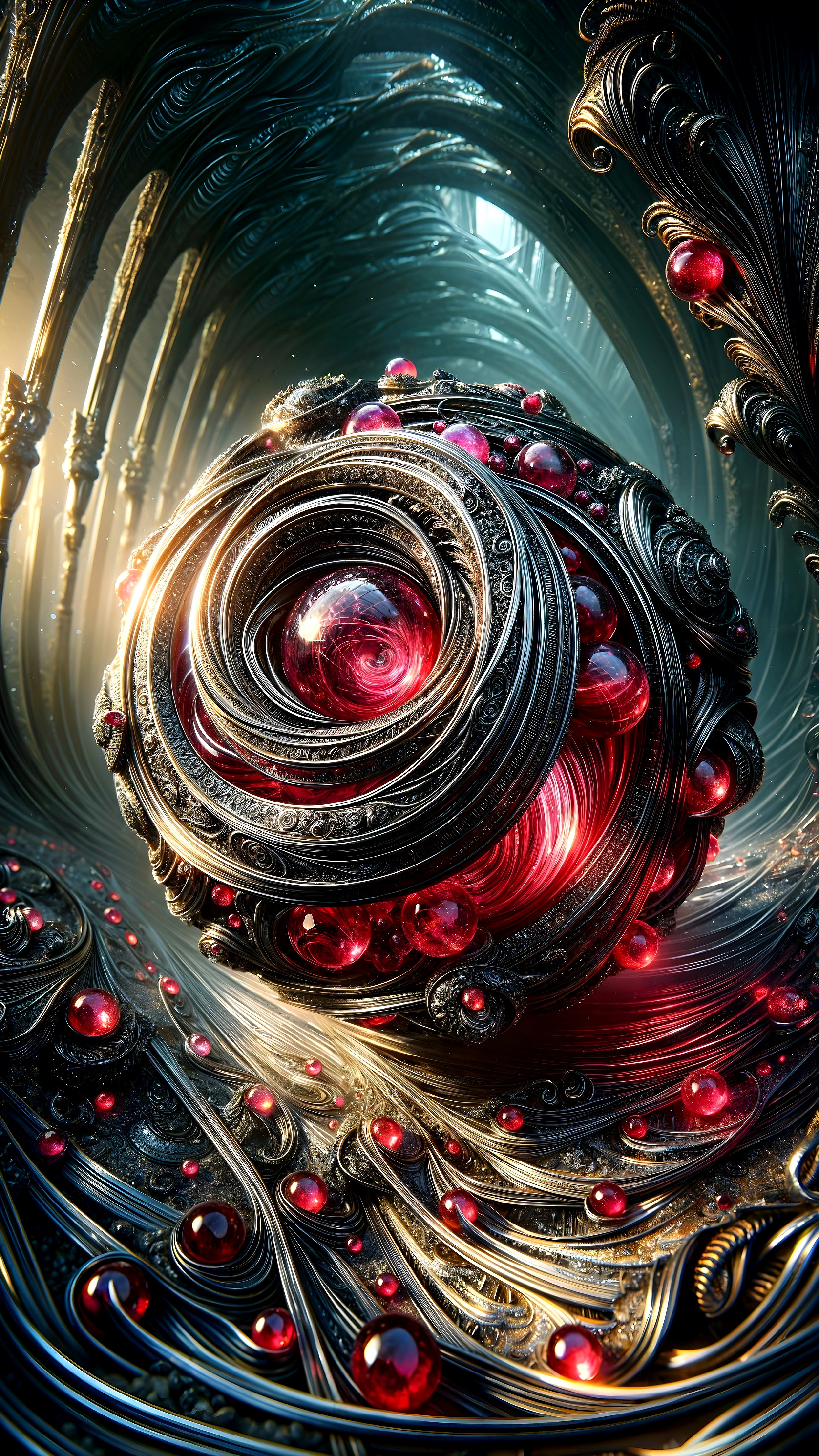 Abstract Sphere with Metallic Swirls and Red Orbs