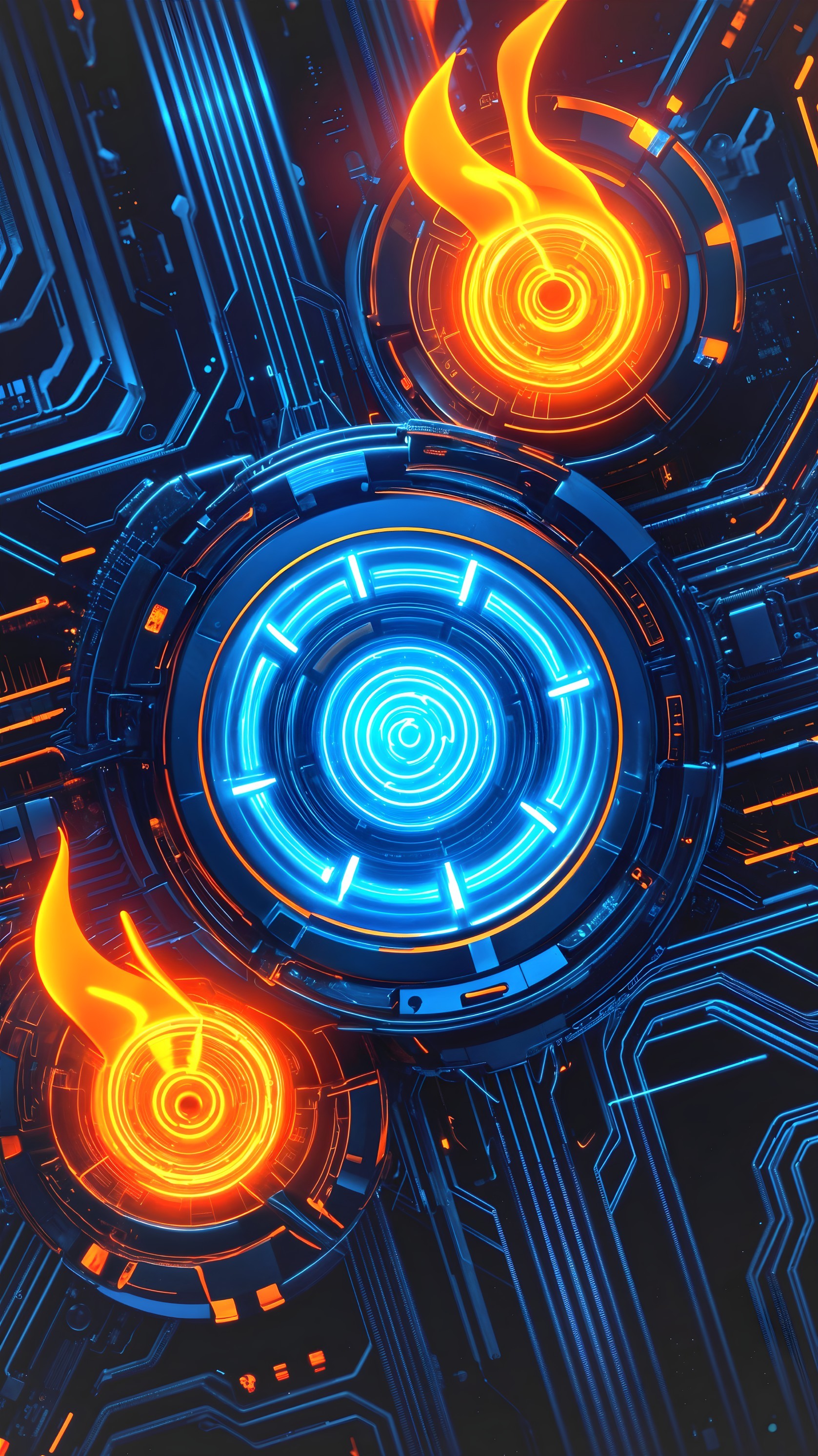 Futuristic Design with Blue Circle and Orange Flames