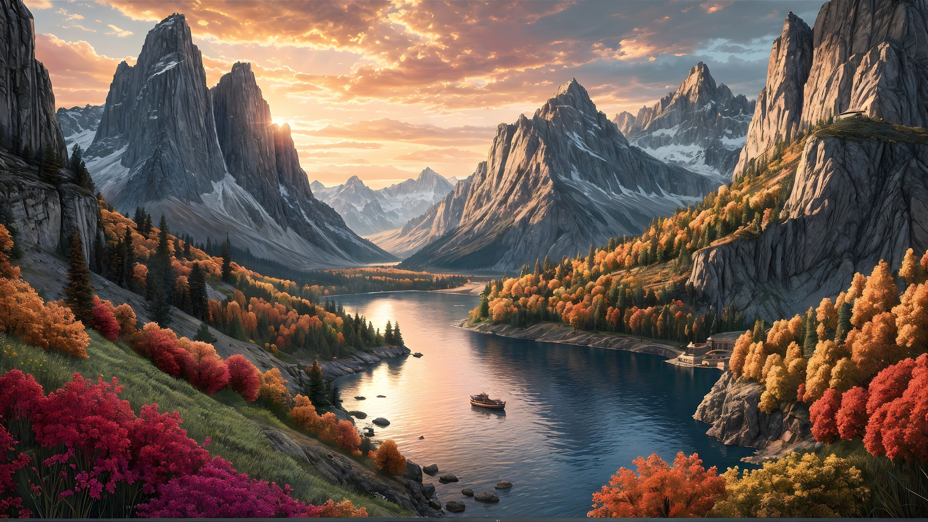 Mountain Landscape with Sunset and Serene River