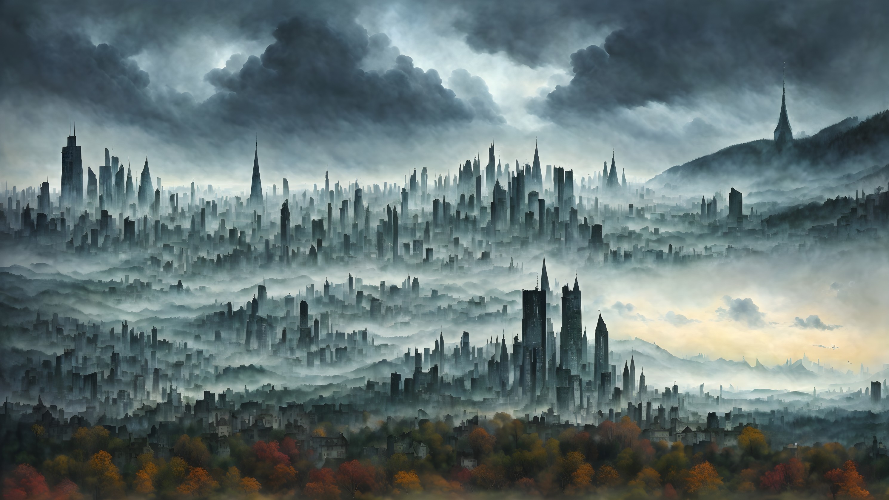 Mystical layered cityscape with gothic spires and autumn trees in mist