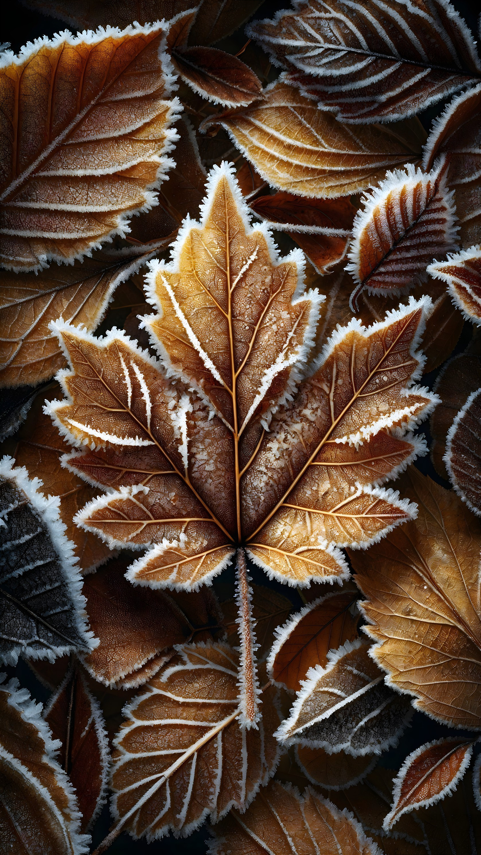 Close-up of Frosted Autumn Leaves in Golden Hues