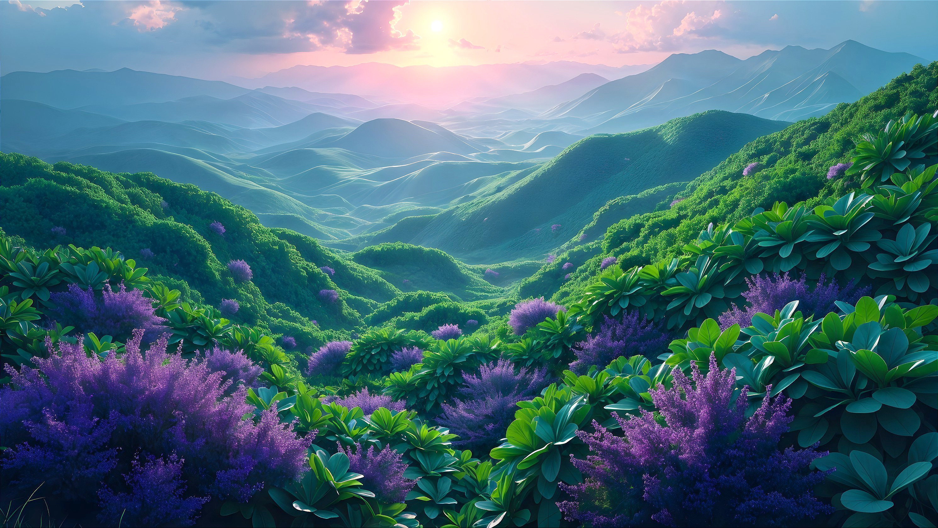 Rolling Green Hills with Purple Flowers and Mountains