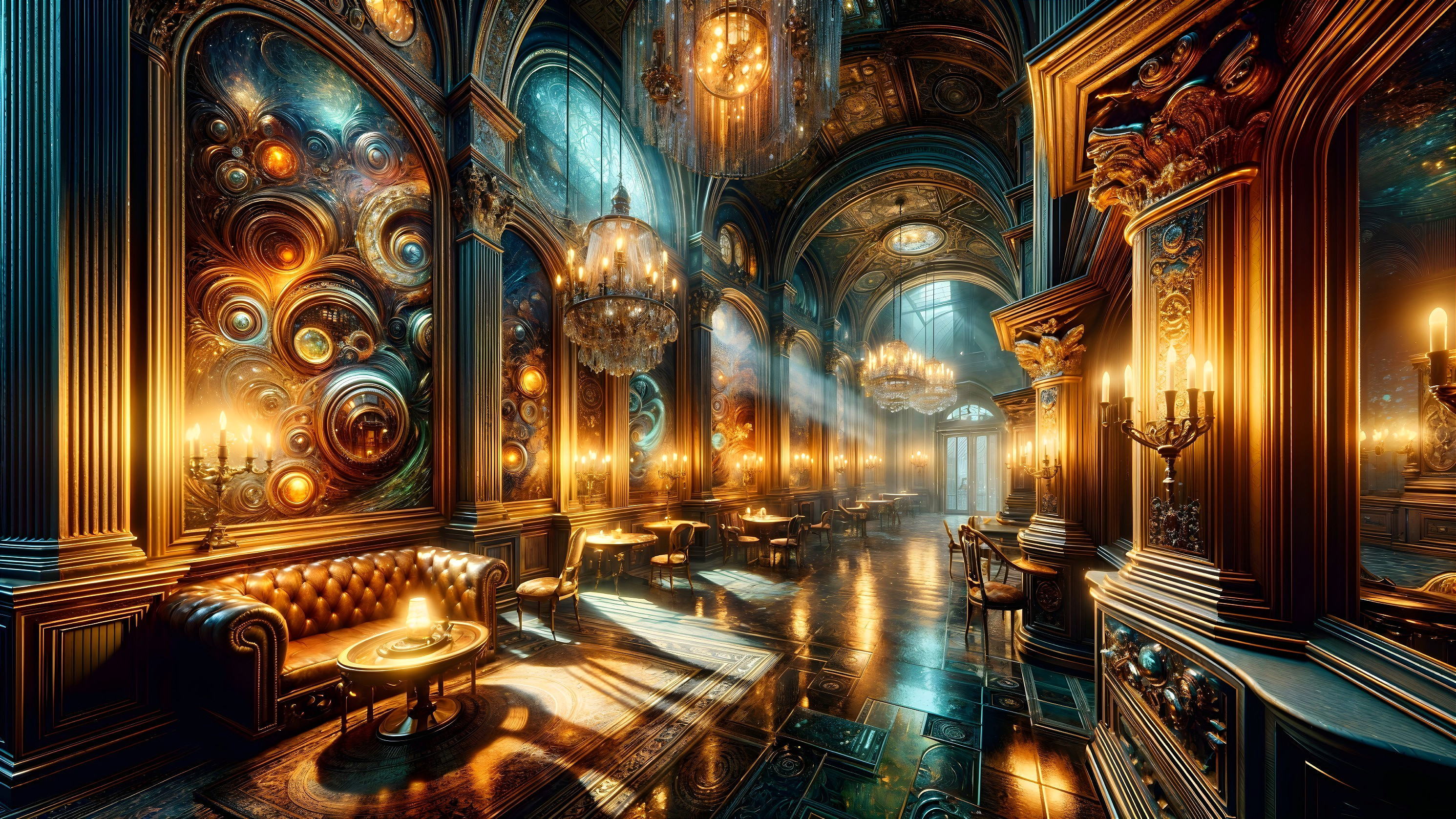 Vintage Opulent Interior with Rich Wood and Chandeliers