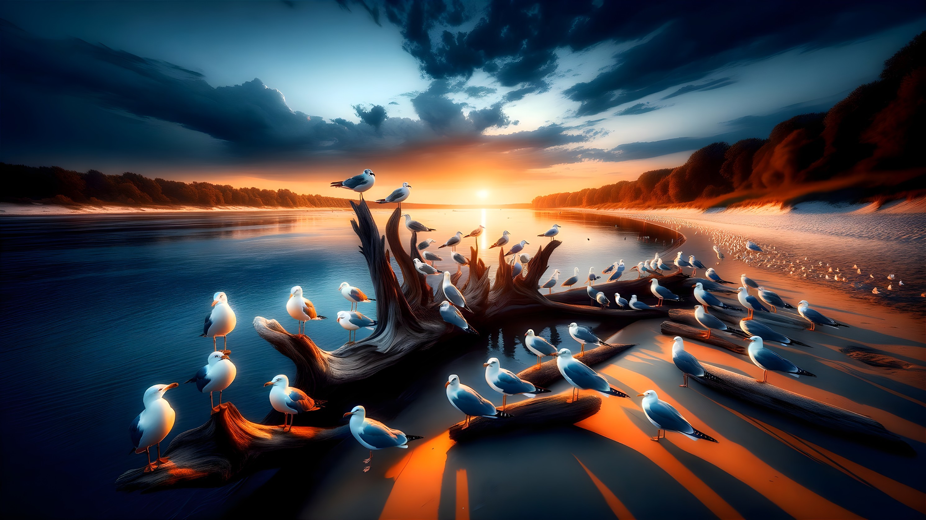 Tranquil Riverbank Sunset with Seagulls and Stump