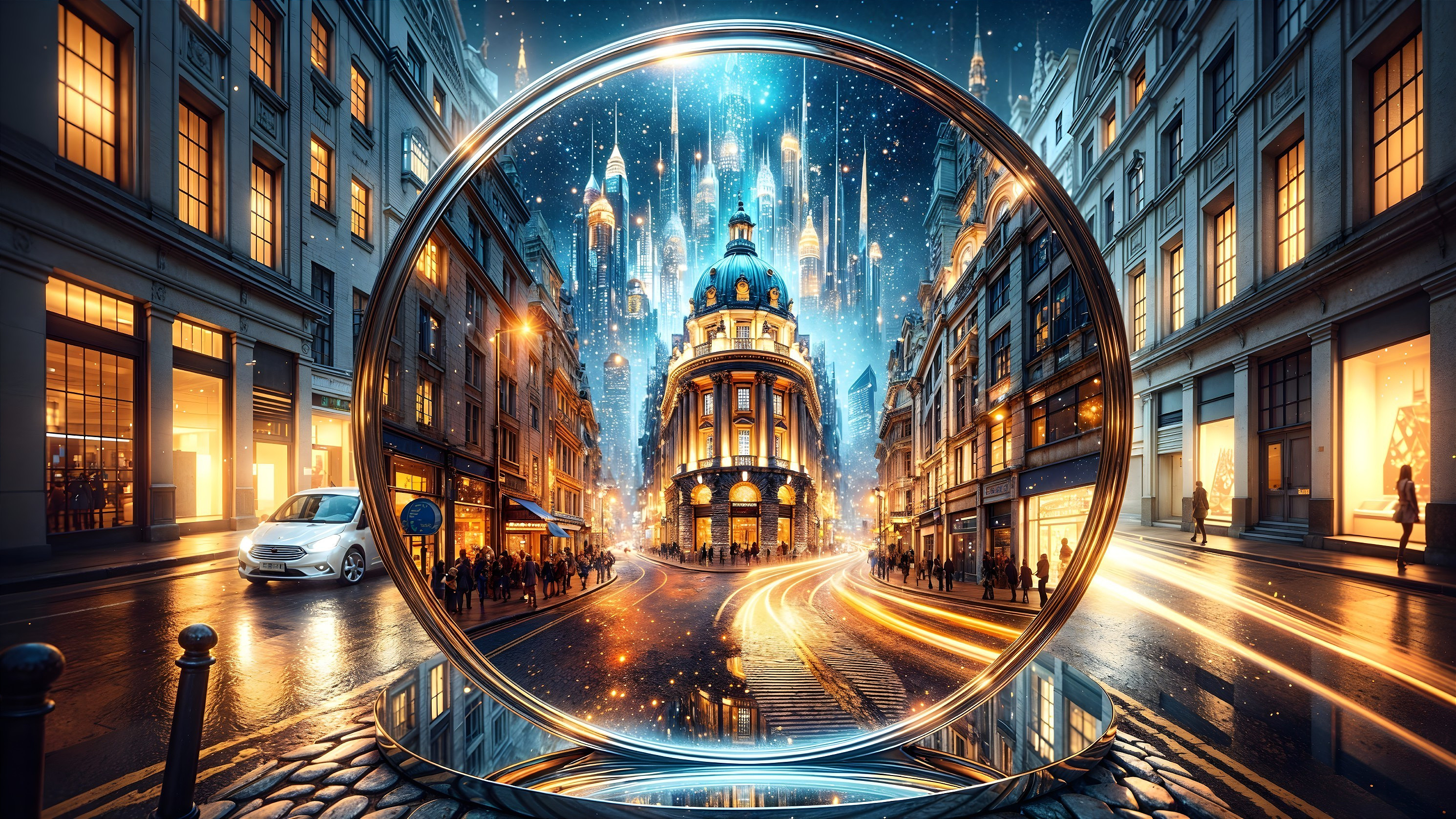 City Street at Dusk with Glass Structure and Lights