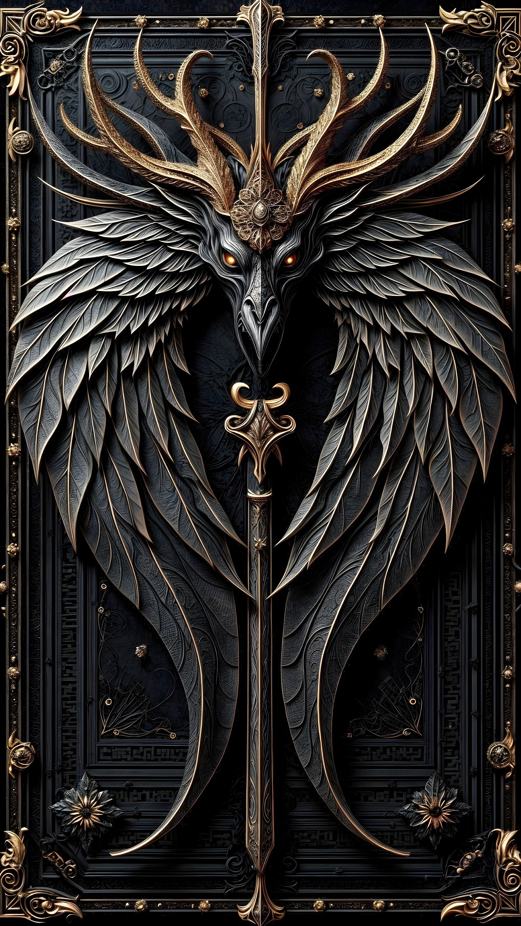 Gothic Panel with Winged Creature and Ornate Staff